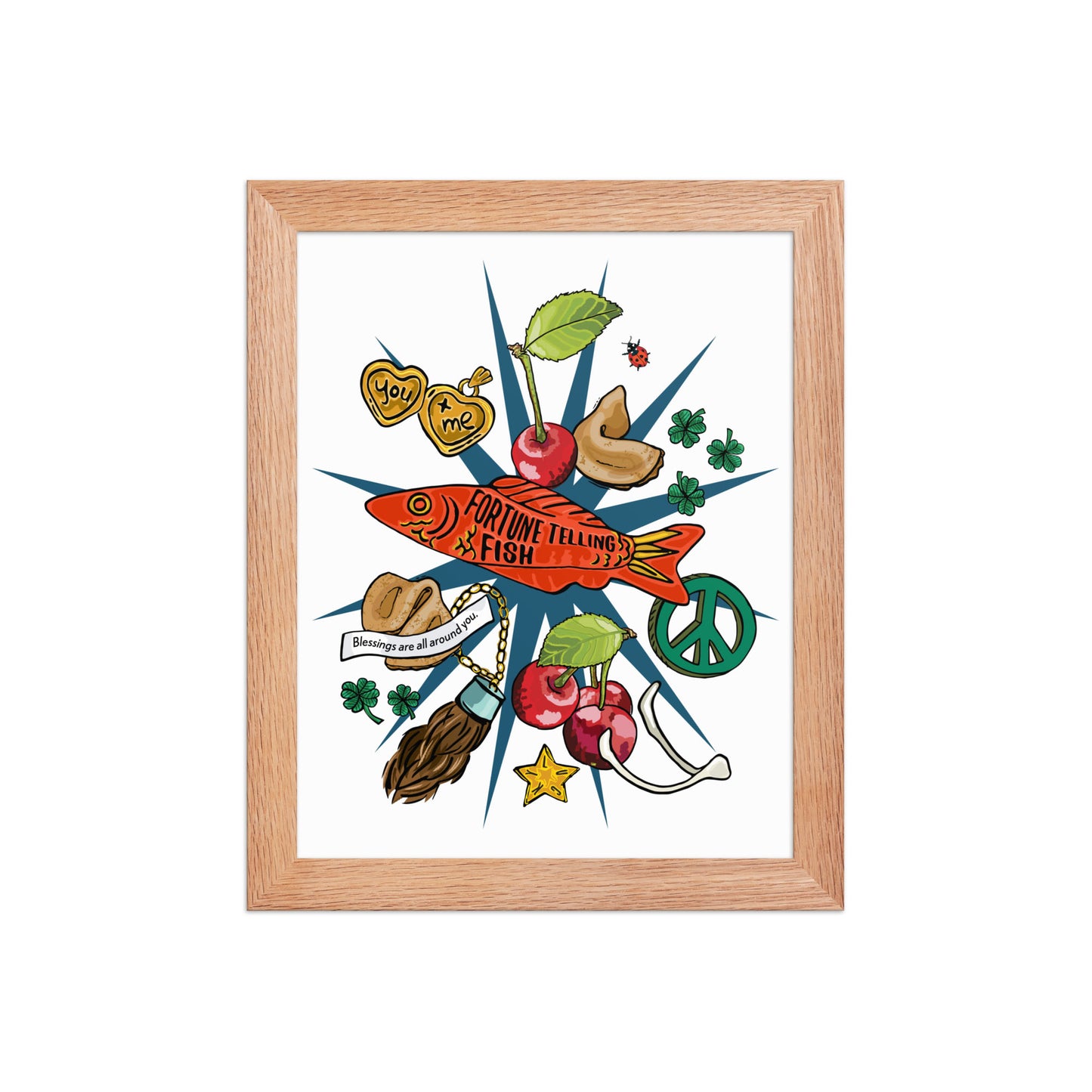 Lucky Charms Framed Art Print | Appalachian Rococo Poster | Cherries | Peace | Good Fortune | Apartment Wall Decor | Home Decor Gallery Wall | Natural Wood Frame | 8x10
