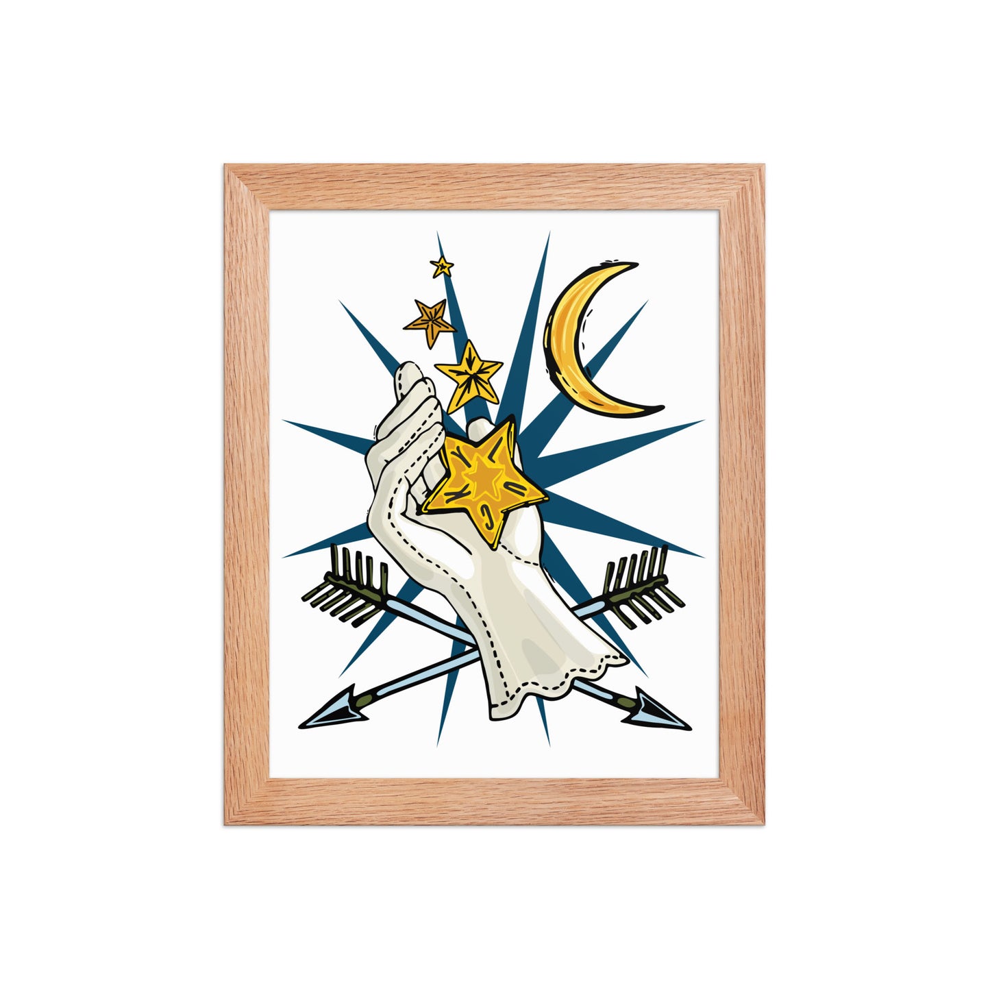 Lucky Stars Crescent Moon Framed Art Print | Appalachian Rococo Poster | Hand of Fate | Arrows | Celestial Art | Apartment Wall Decor | Natural Wood Frame | 8x10