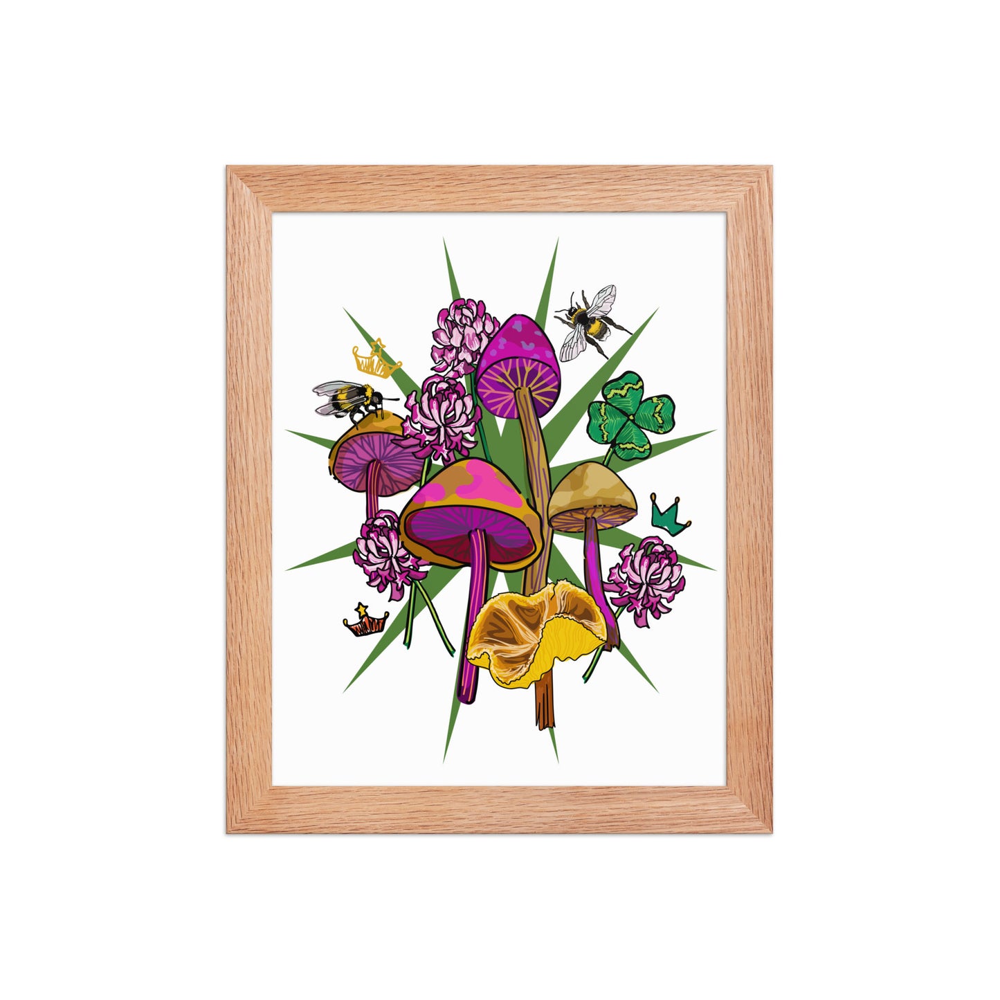 Mushrooms Bees Clover Framed Art Print | Appalachian Rococo Poster | Luck Charms | Queen Bees | Four Leaf Clover | Apartment Wall Decor | Natural Wood Frame | 8x10