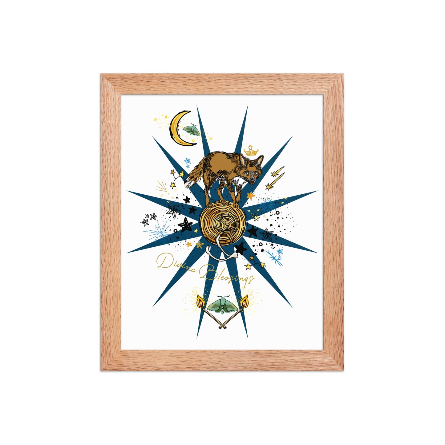 Celestial Fox Moon Framed Art Print | Appalachian Rococo Poster | Luck Charms | Divine Blessings | Stars | Moths | Apartment Wall Decor | Natural Wood Frame | 8x10