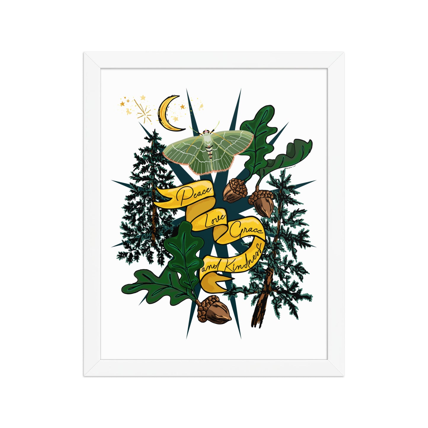 Forest Moth and Moon Framed Art Print | Appalachian Rococo Poster | Luck Charms | Peace & Love | Crescent Moon | Apartment Wall Decor | Natural Wood Frame | 11x14