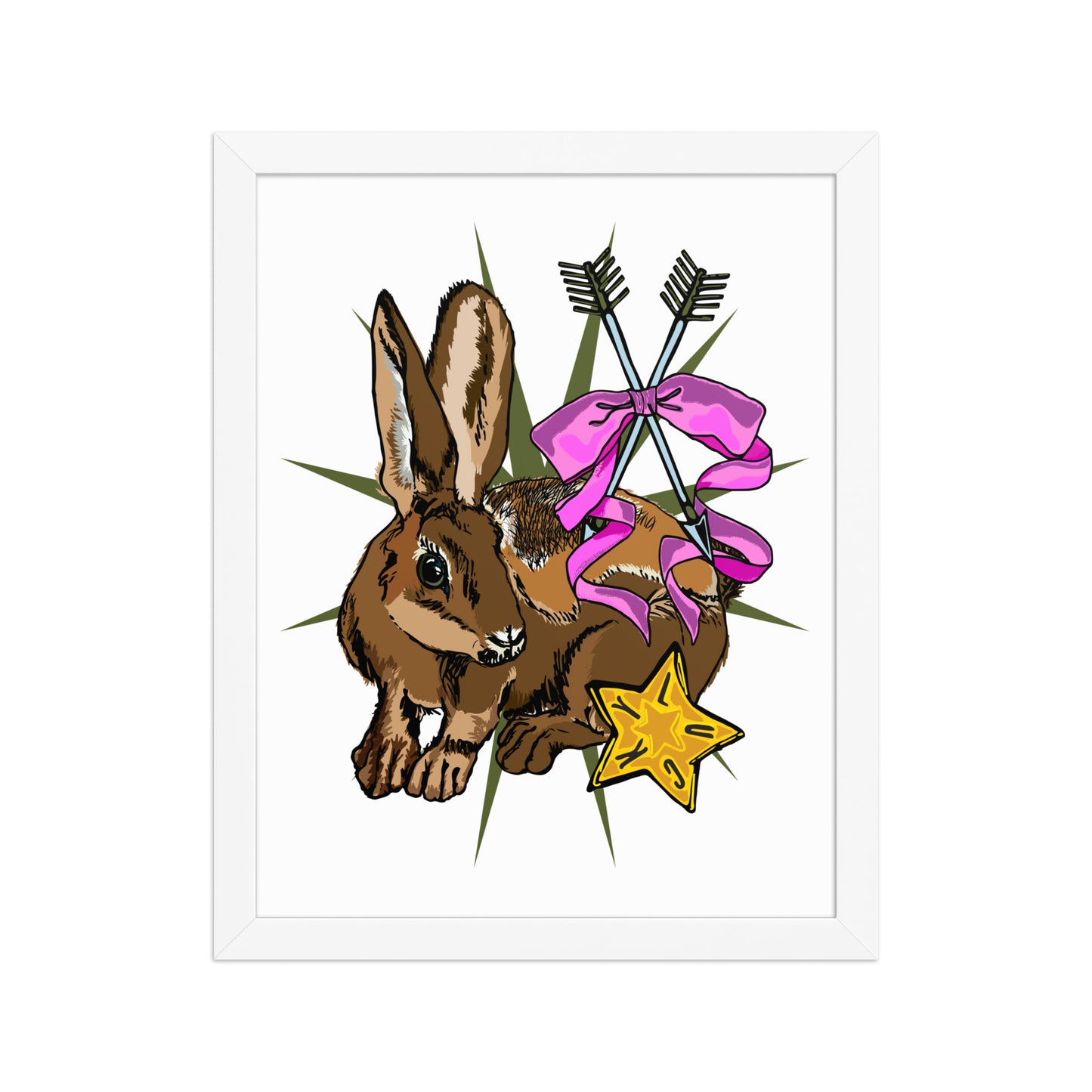 Lucky Rabbit's Path Framed Art Print | Appalachian Rococo Poster | Bunny | Arrows | Lucky Star | Apartment Wall Decor | White Wood Frame | 11 x14