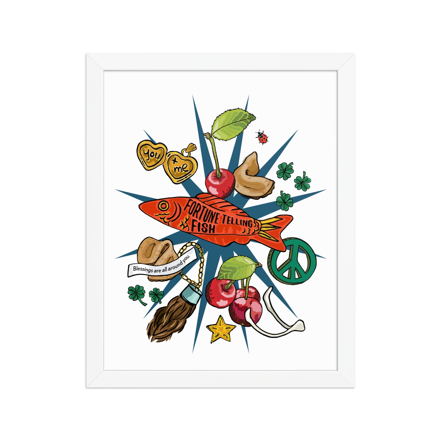 Lucky Charms Framed Art Print | Appalachian Rococo Poster | Cherries | Peace | Good Fortune | Apartment Wall Decor | Home Decor Gallery Wall | Natural Wood Frame | 11x14