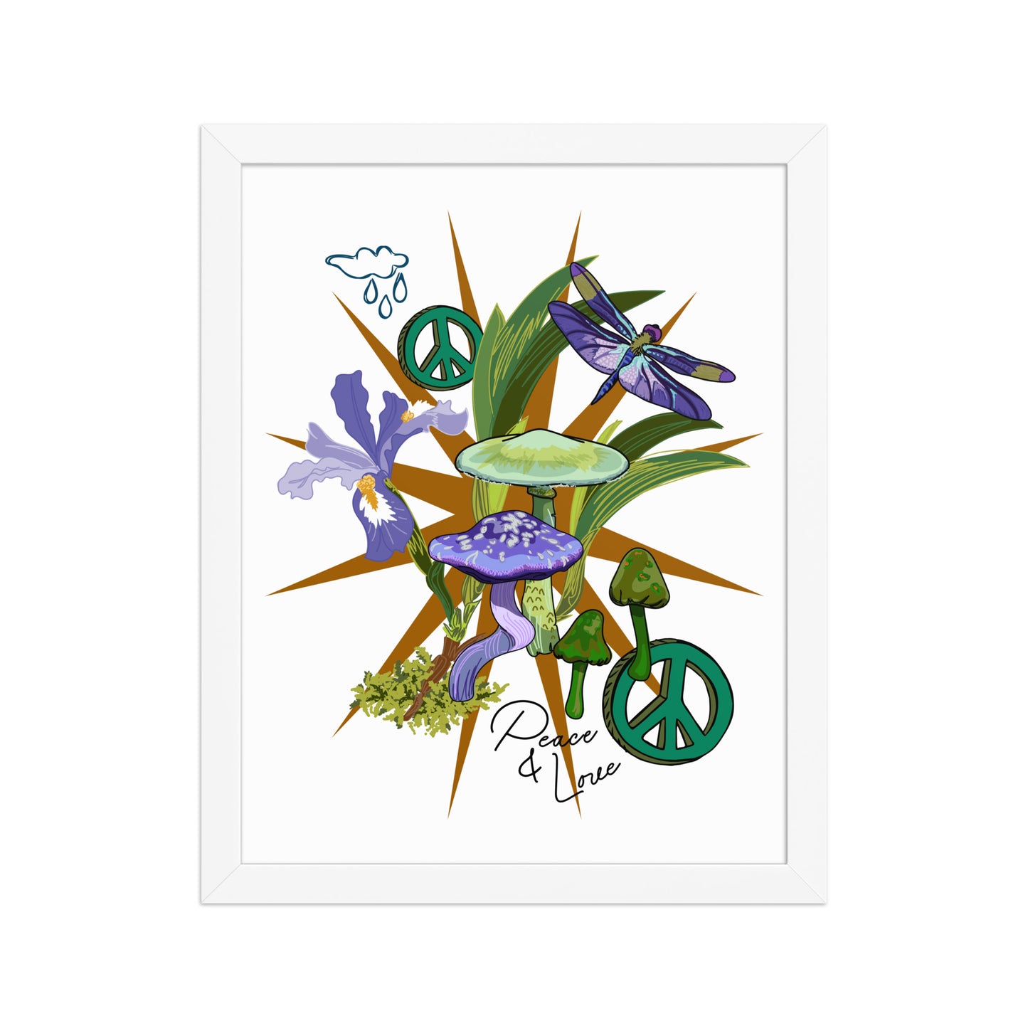 Mushroom Floral Peace Sign Framed Art Print | Appalachian Rococo Poster | Luck Charms | Peace & Love | Wild Iris | Apartment Wall Decor | White Wood Frame | 11x14