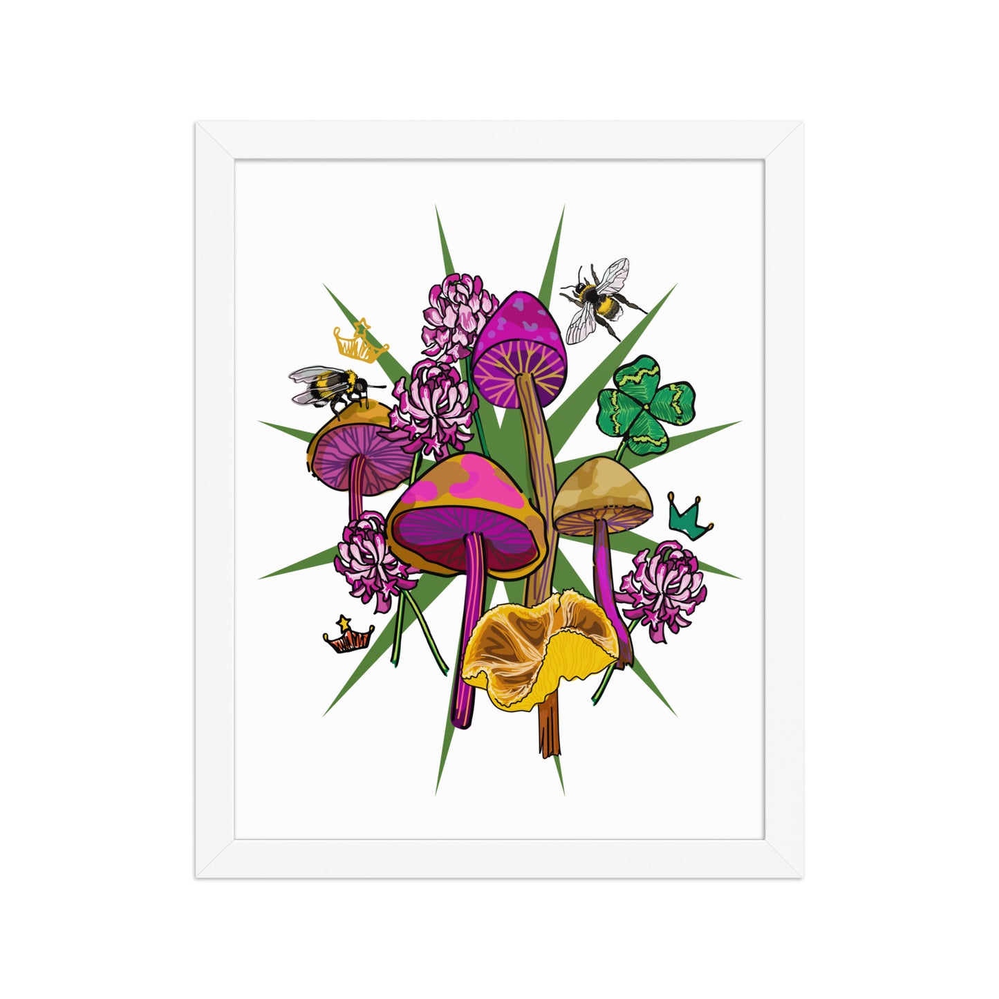 Mushrooms Bees Clover Framed Art Print | Appalachian Rococo Poster | Luck Charms | Queen Bees | Four Leaf Clover | Apartment Wall Decor | White Wood Frame | 11x14