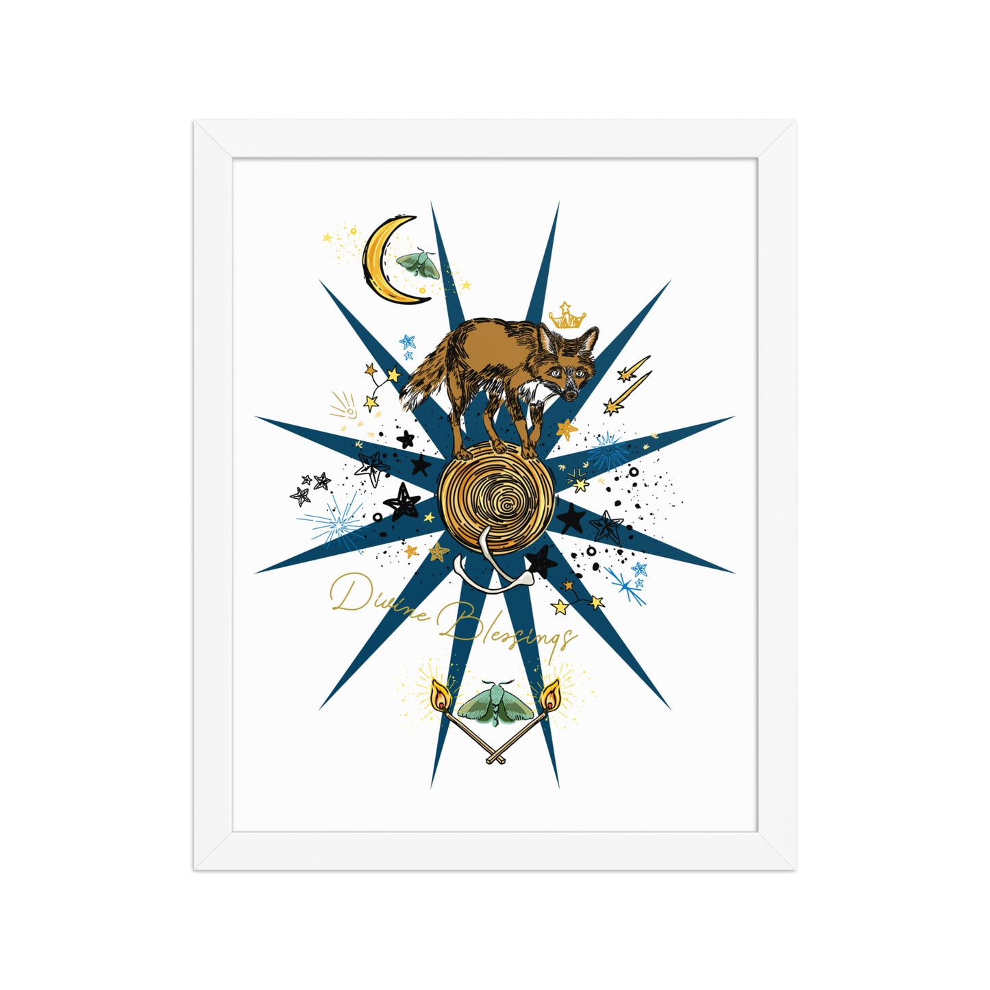 Celestial Fox Moon Framed Art Print | Appalachian Rococo Poster | Luck Charms | Divine Blessings | Stars | Moths | Apartment Wall Decor | White Wood Frame | 11x14