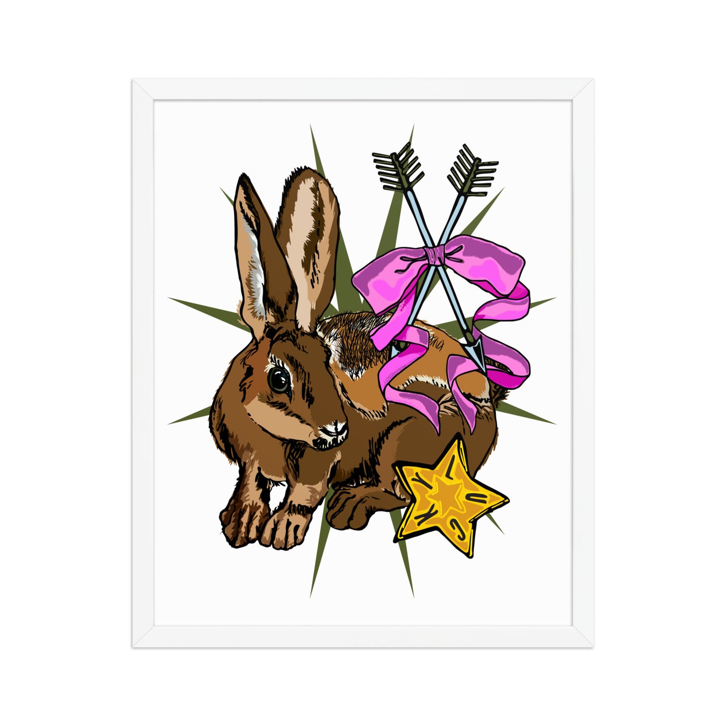 Lucky Rabbit's Path Framed Art Print | Appalachian Rococo Poster | Bunny | Arrows | Lucky Star | Apartment Wall Decor | White Wood Frame | 16 x20