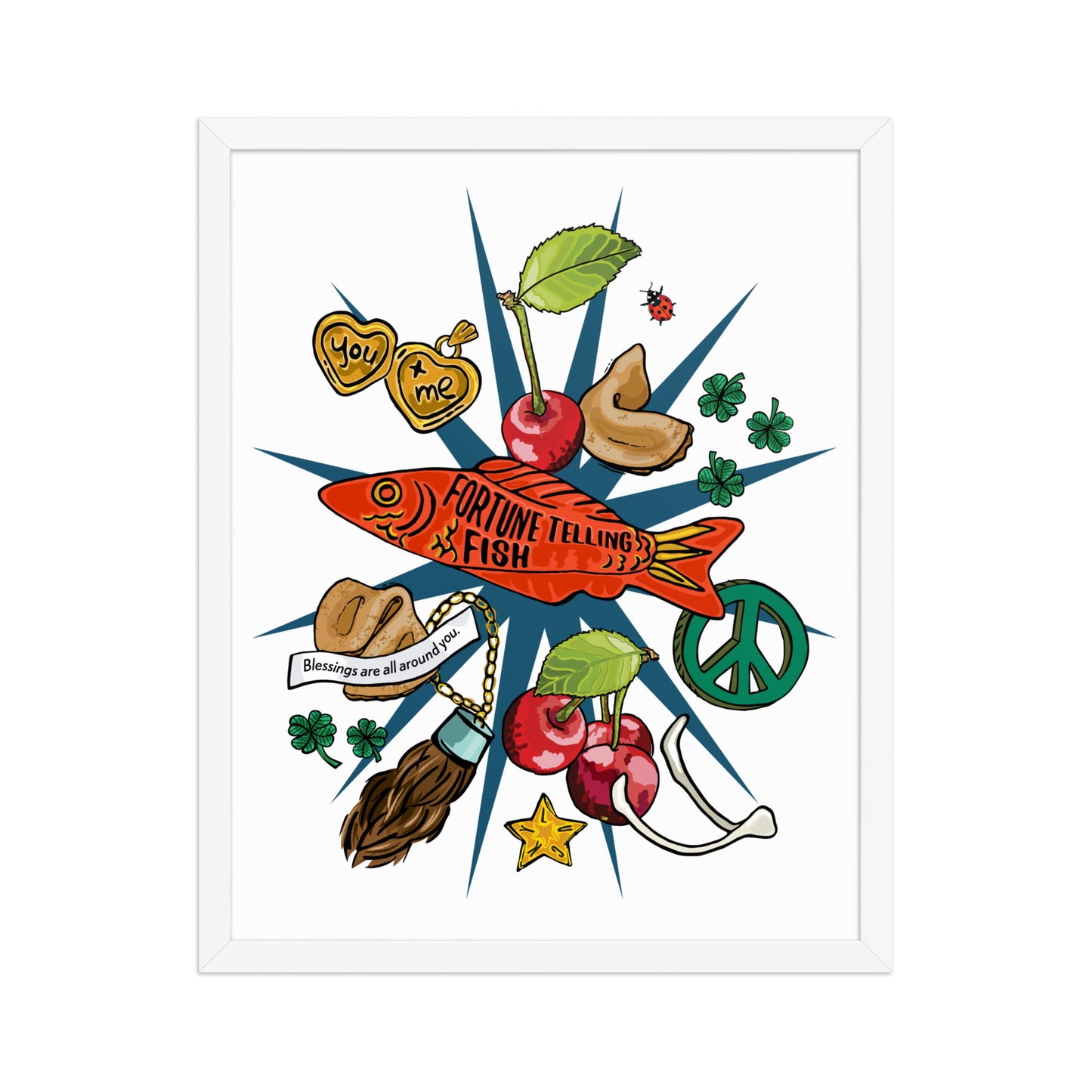 Lucky Charms Framed Art Print | Appalachian Rococo Poster | Cherries | Peace | Good Fortune | Apartment Wall Decor | Home Decor Gallery Wall | Natural Wood Frame | 16x20