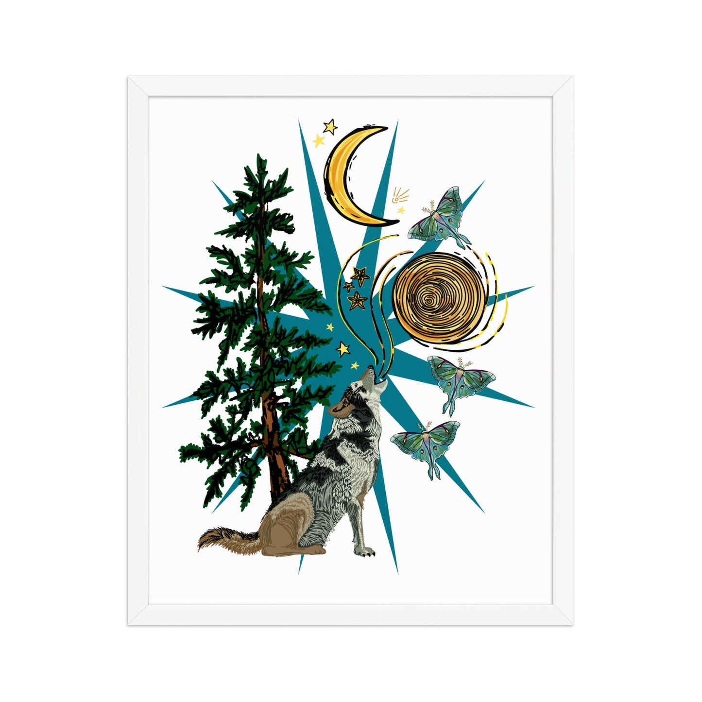 Wolf Moon Moth Framed Art Print | Appalachian Rococo Poster | Crescent Moon | Forest | Lucky Charms | Apartment Wall Decor White Framed poster | 16x20