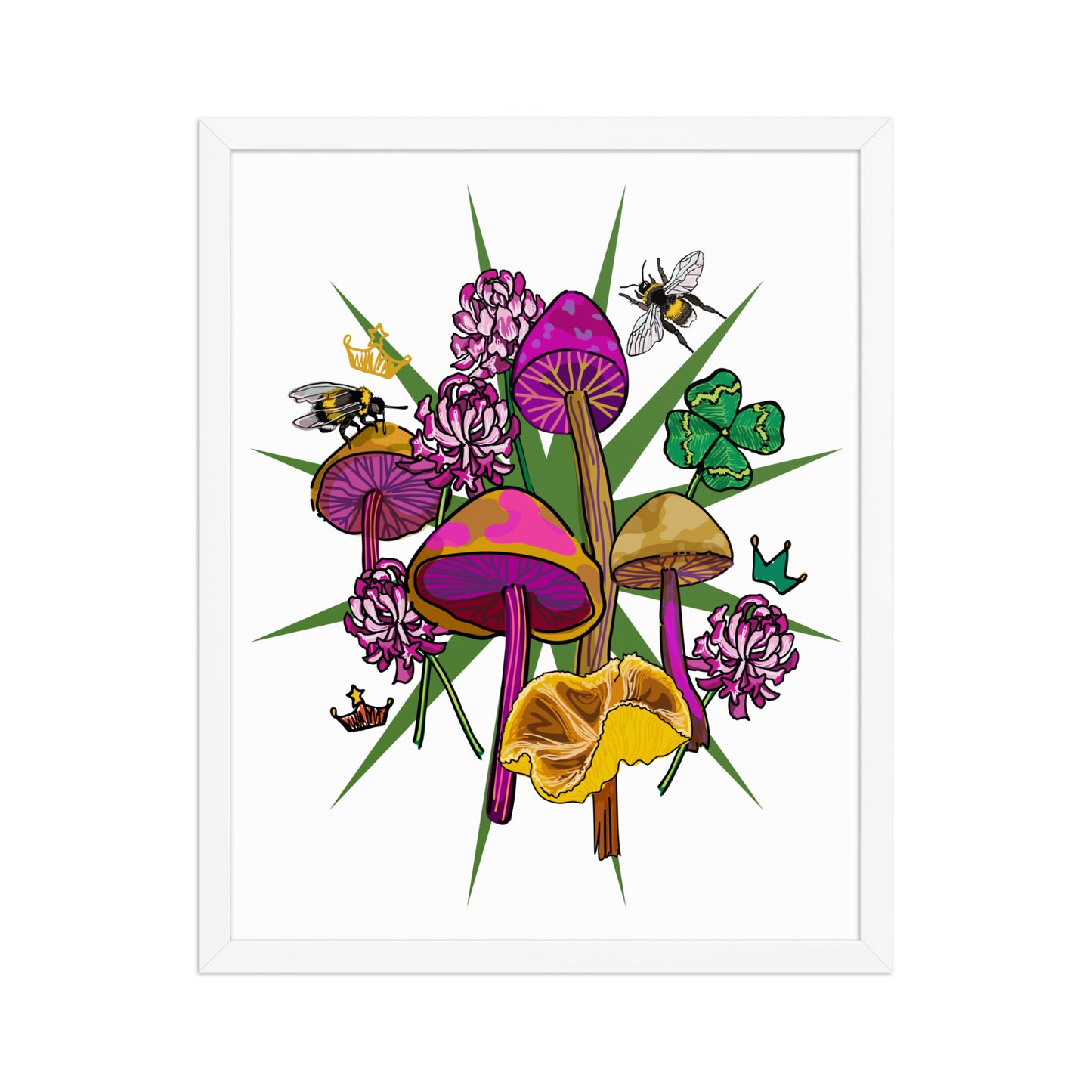 Mushrooms Bees Clover Framed Art Print | Appalachian Rococo Poster | Luck Charms | Queen Bees | Four Leaf Clover | Apartment Wall Decor | White Wood Frame | 16x20