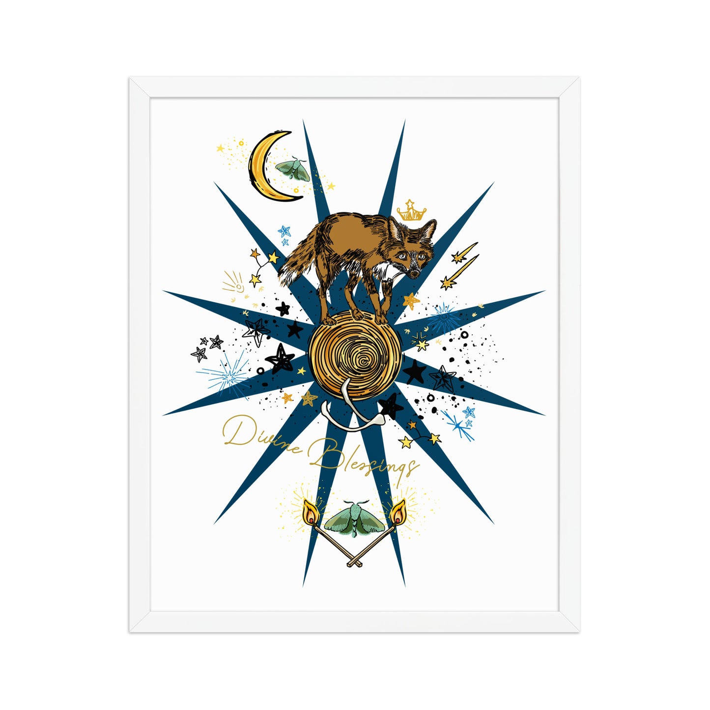 Celestial Fox Moon Framed Art Print | Appalachian Rococo Poster | Luck Charms | Divine Blessings | Stars | Moths | Apartment Wall Decor | White Wood Frame | 16x20