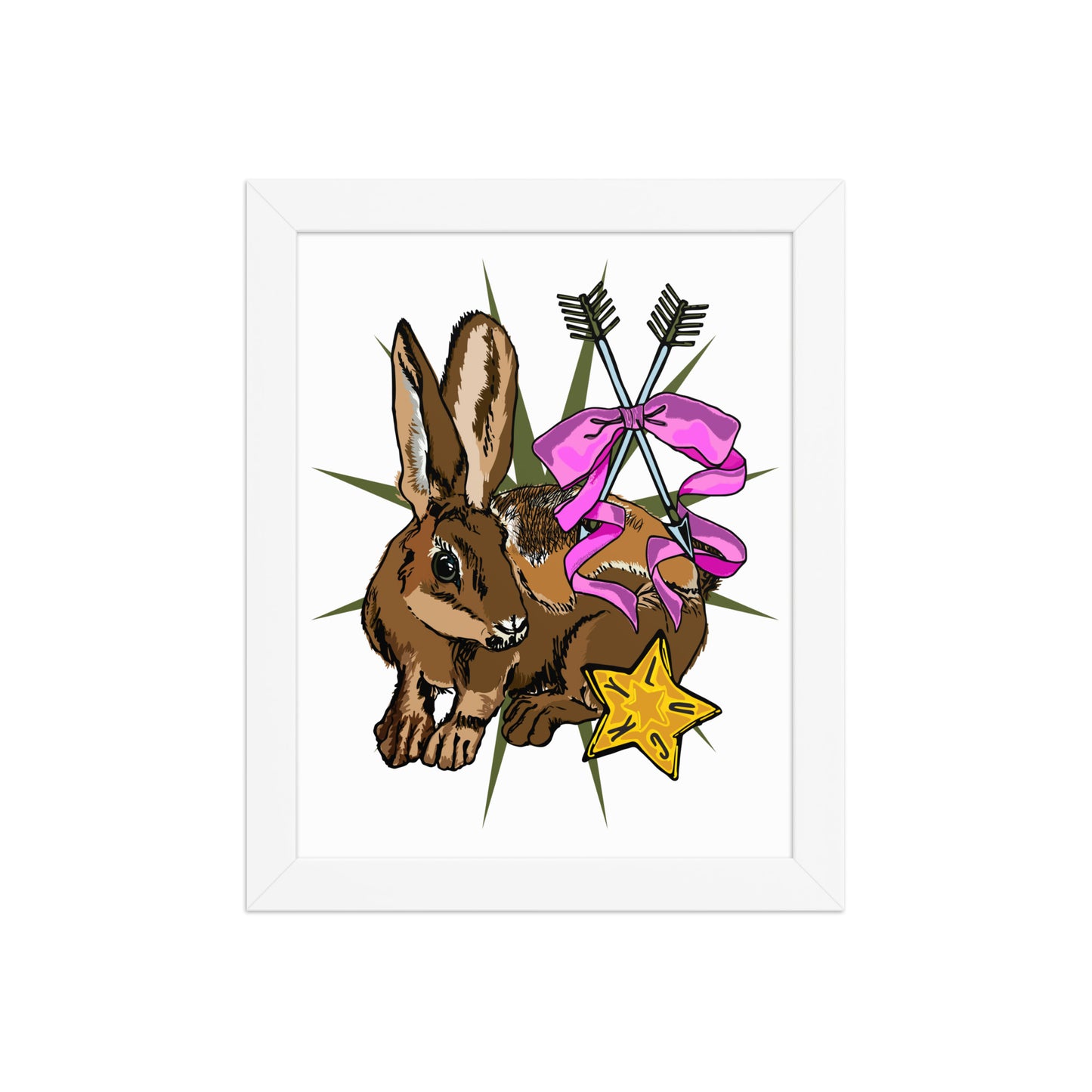 Lucky Rabbit's Path Framed Art Print | Appalachian Rococo Poster | Bunny | Arrows | Lucky Star | Apartment Wall Decor | White Wood Frame | 8 x10