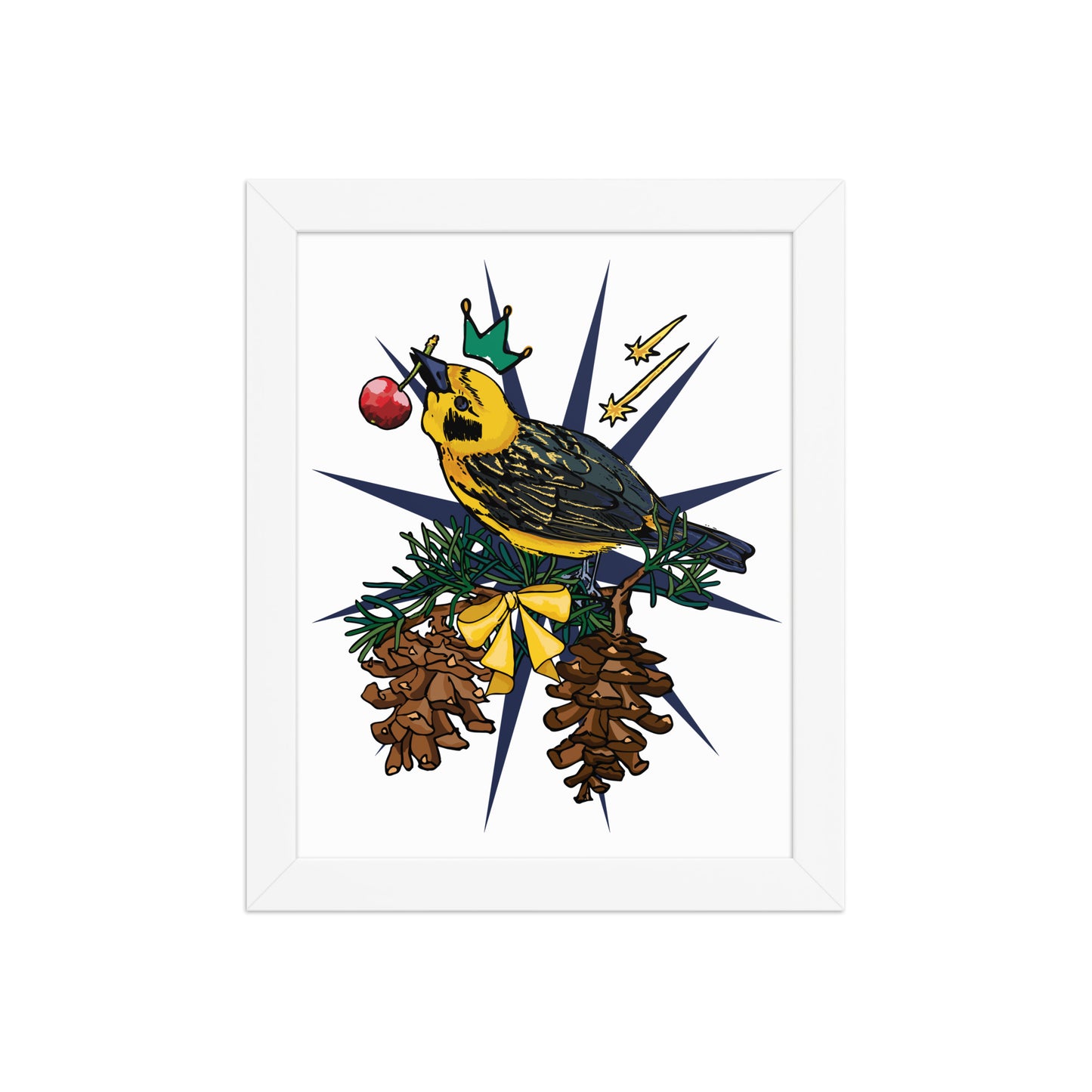 Gold Bird Framed Art Print | Appalachian Rococo Poster | Pine Tree | Golden Finch | Cherry | Apartment Wall Decor | Gallery Wall Home Decor | White Wood Frame | 8x10