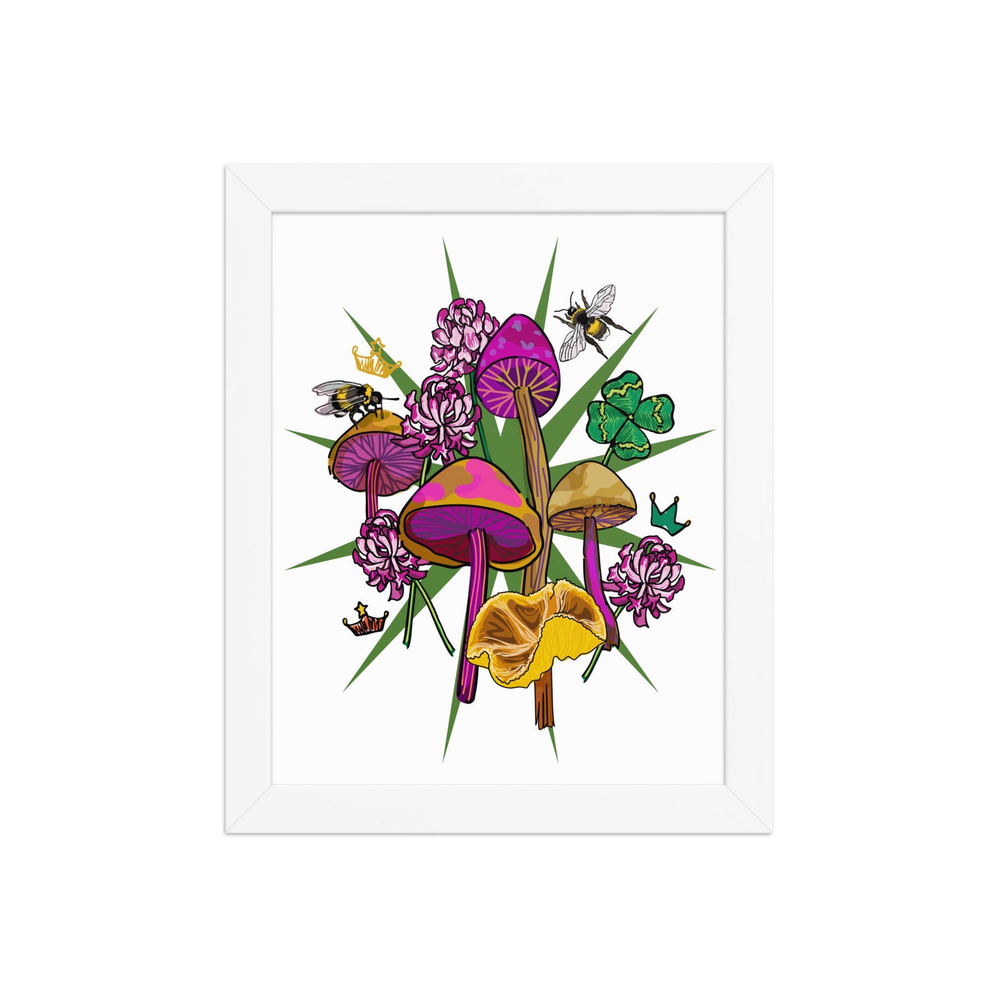 Mushrooms Bees Clover Framed Art Print | Appalachian Rococo Poster | Luck Charms | Queen Bees | Four Leaf Clover | Apartment Wall Decor | White Wood Frame | 8x10