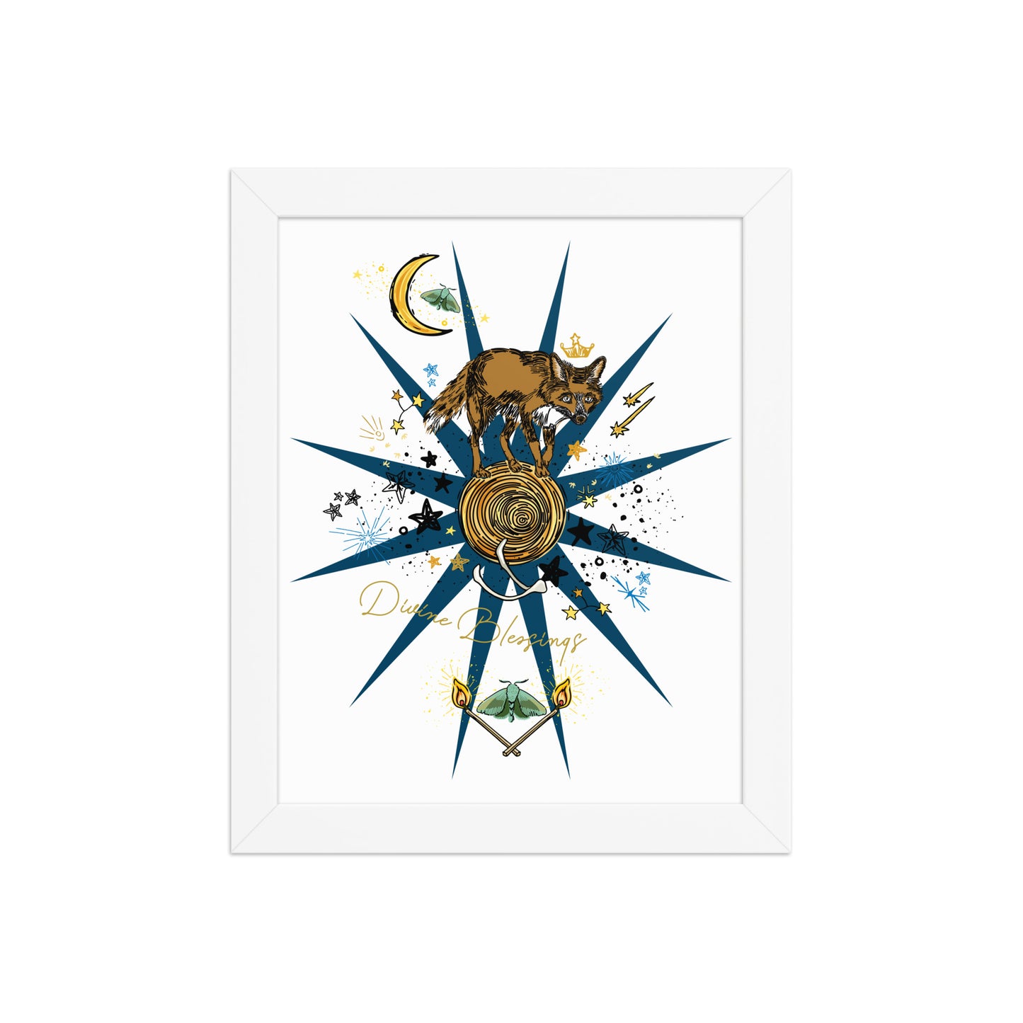 Celestial Fox Moon Framed Art Print | Appalachian Rococo Poster | Luck Charms | Divine Blessings | Stars | Moths | Apartment Wall Decor | White Wood Frame | 8x10