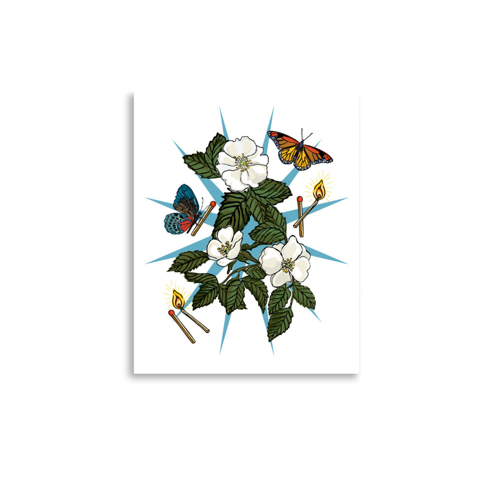 Floral Charm Art Print | Appalachian Rococo Poster | White Roses | Butterflies | Burning Matches | Apartment Wall Decor | Home Decor Poster | 11x14 Size