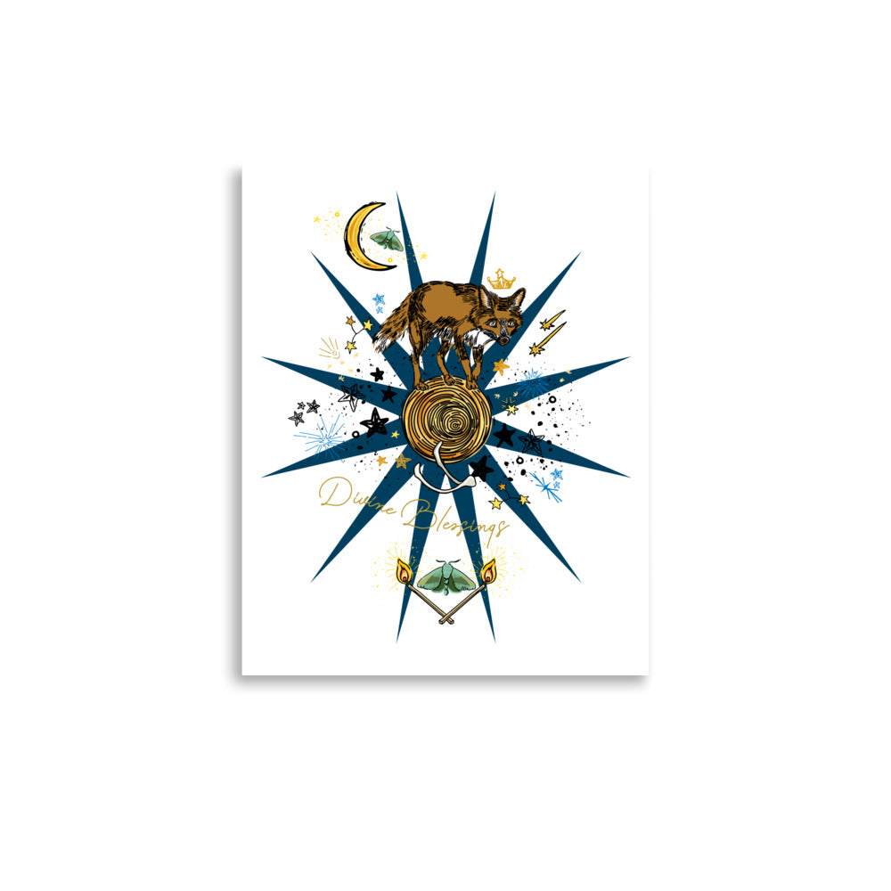 Divine Blessings Celestial Fox – Wander Walls Art Print Poster | Crescent Moon, Fox, Moths, Constellations & Burning Matches Wall Art | 8x10 size
