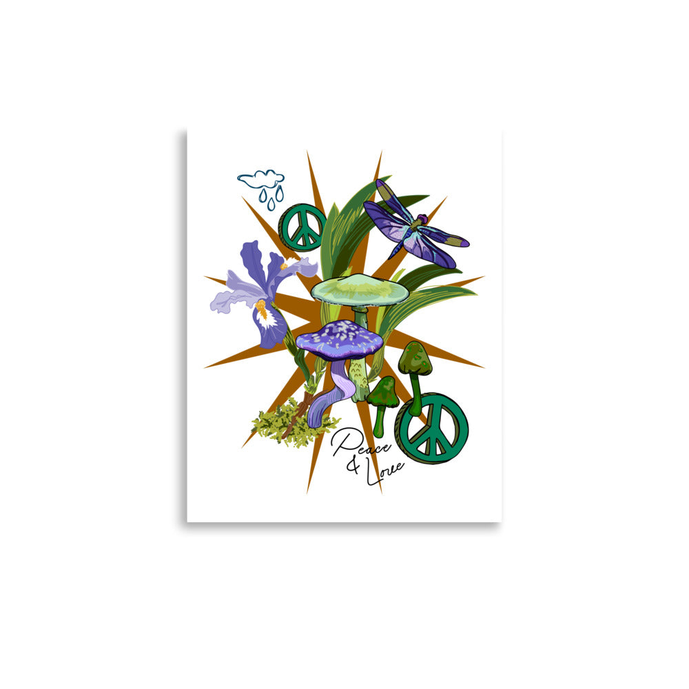 Peace & Love Wild Iris – Wander Walls Art Print | Wild Purple Irises, Mystical Mushrooms with Peace Signs Wall Art | 8x10 size