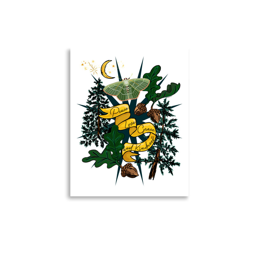 Moonlit Mountain Forest with Moth – Wander Walls Art Print | Crescent Moon, Dark Forest, Mooney Moth & Fortune-giving Acorns Wall Art | 8x10 size