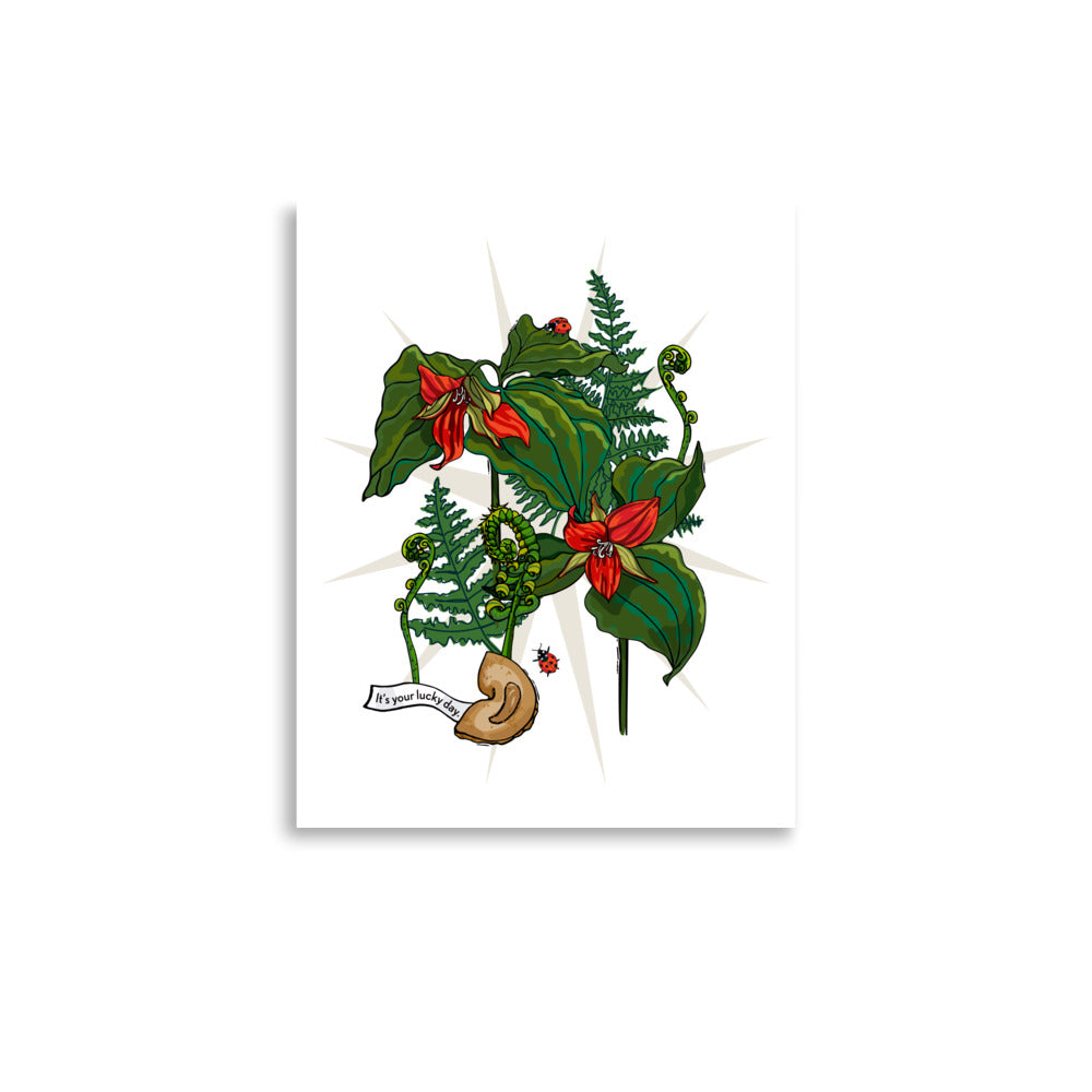 Flower of Fortune Art Print – Wander Walls Art Print | Trillium Flower, Ferns & Fortune Cookie Wall Art | 8x10 size
