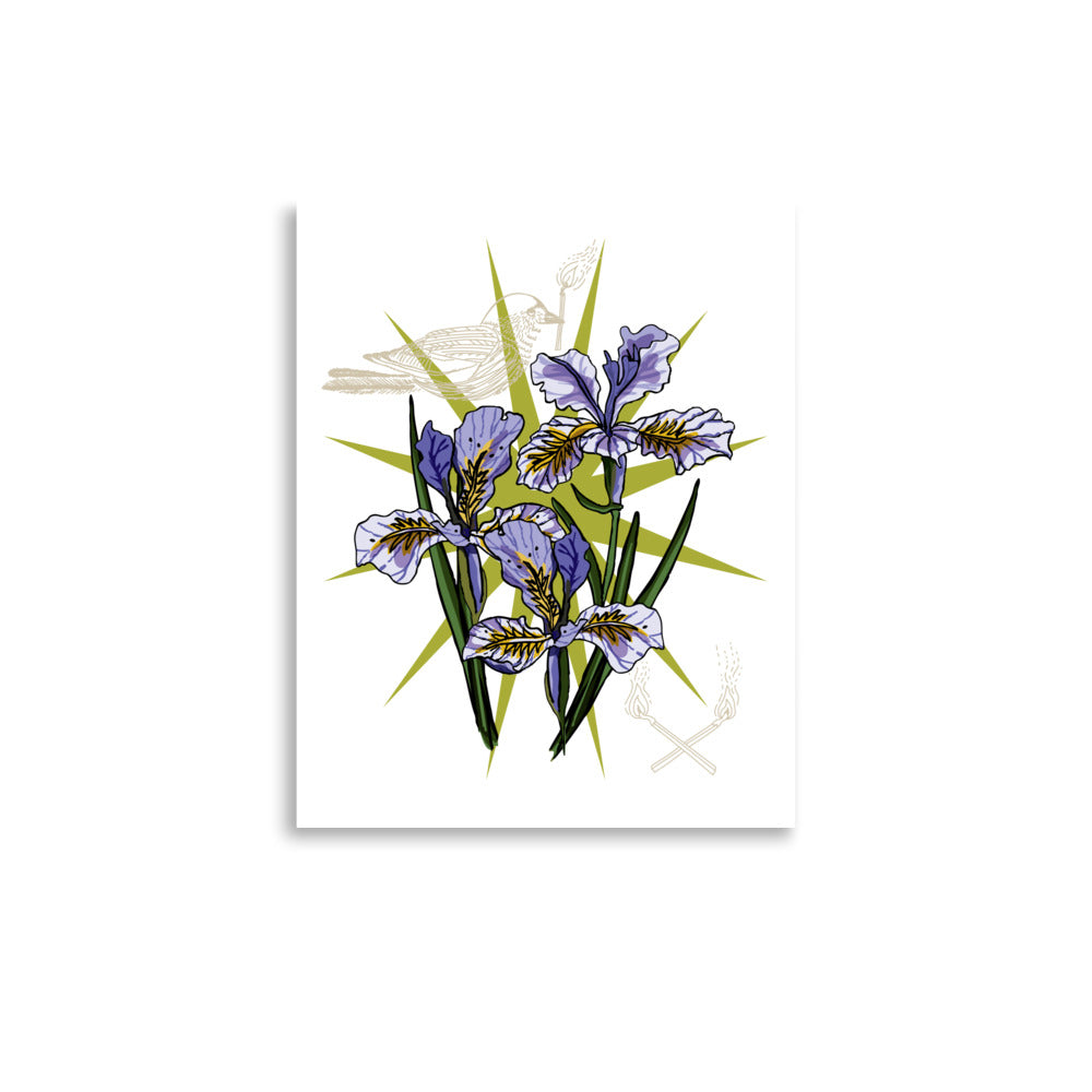 Florals, Flames, and Free Bird – Wander Walls Art Print | Wild Purple Irises, Burning Matches & Bird of Transformation Wall Art | 8x10 size