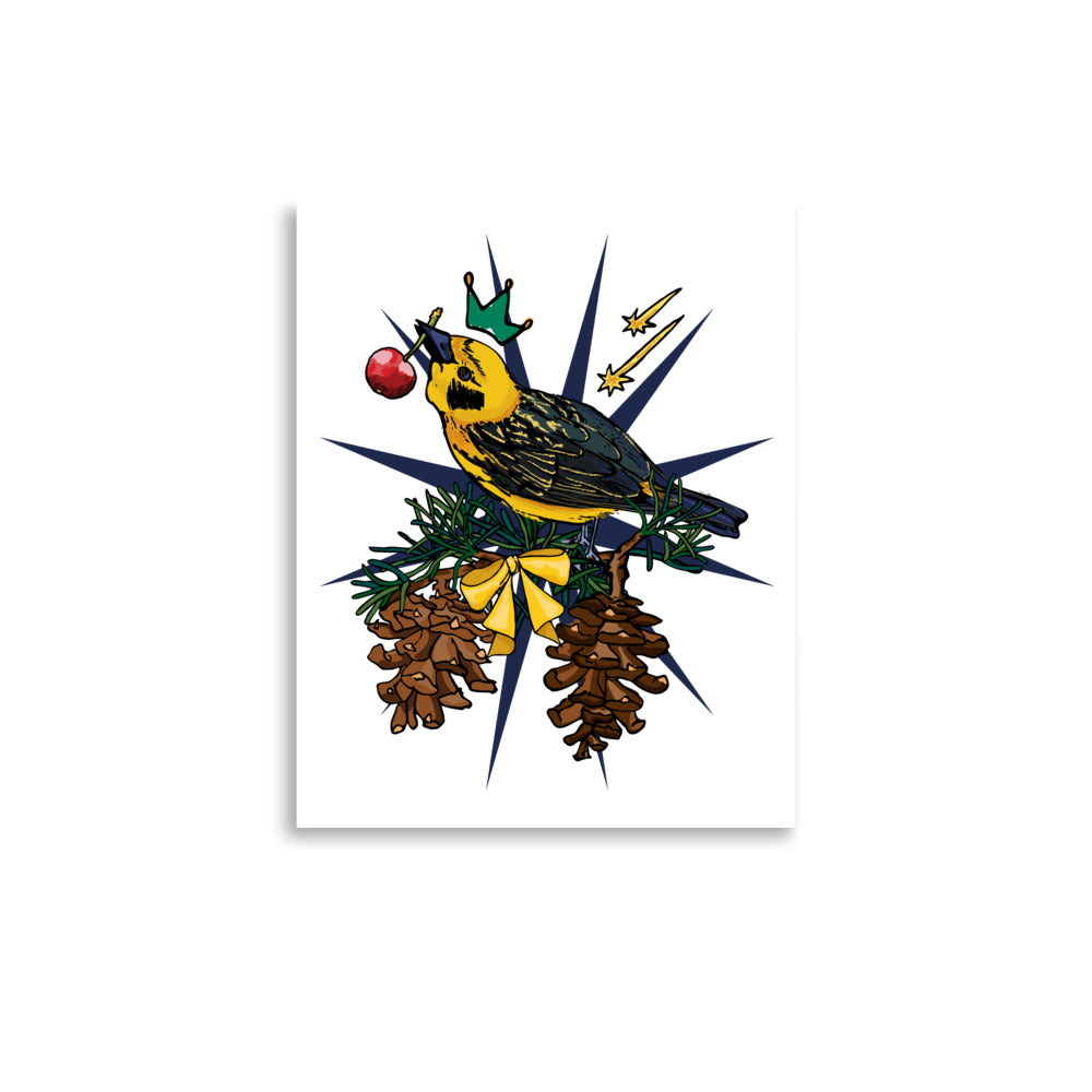 Crowned Golden Finch & Cherry – Wander Walls Art Print | Red Cherry, Shooting Stars, Pinecones Wall Art | 8x10 size