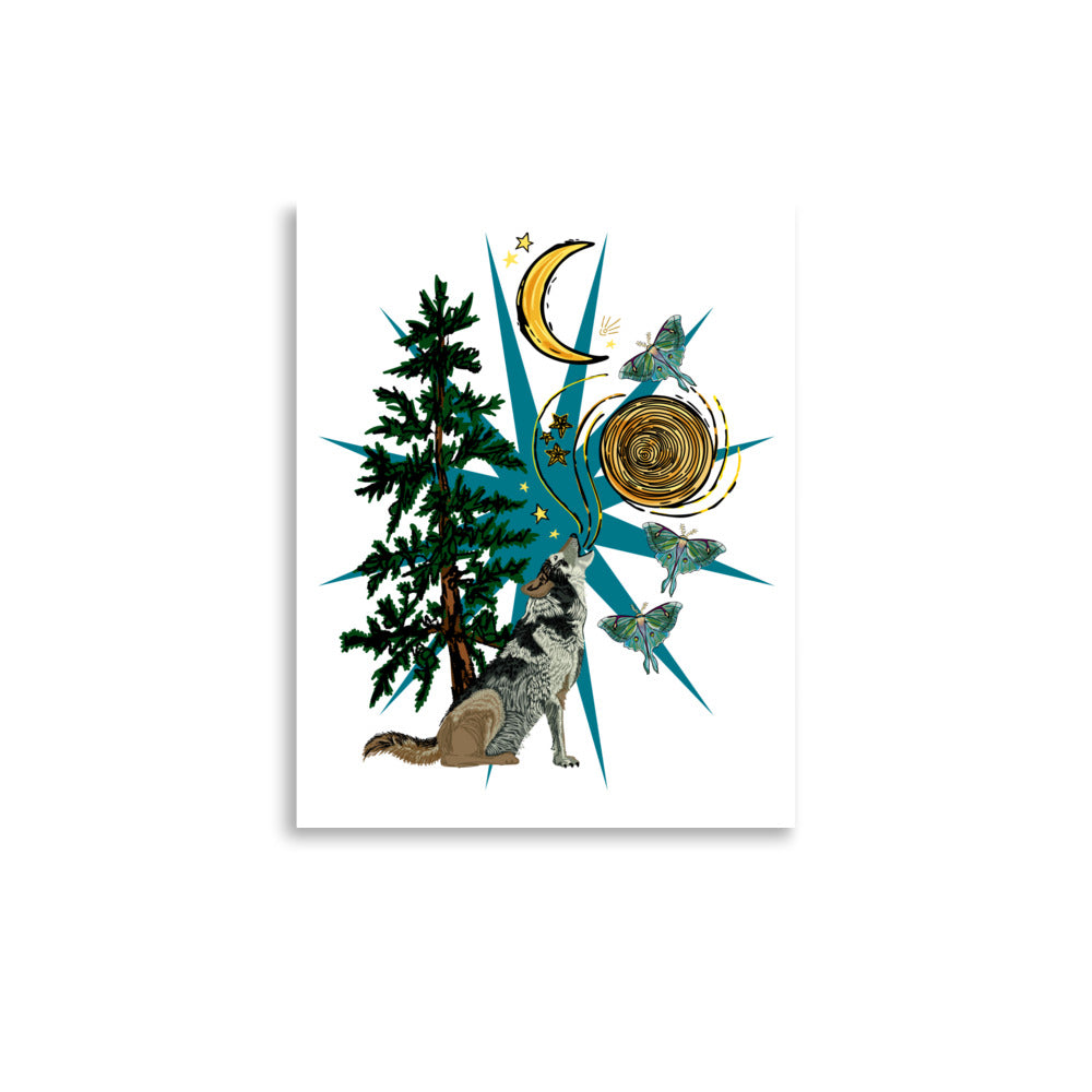 Wild Wolf Moon & Luna Moths – Wander Walls Art Print | Howling Wolf, Crescent Moon, Luna Moths in the Forest at Night Wall Art | 8x10 size
