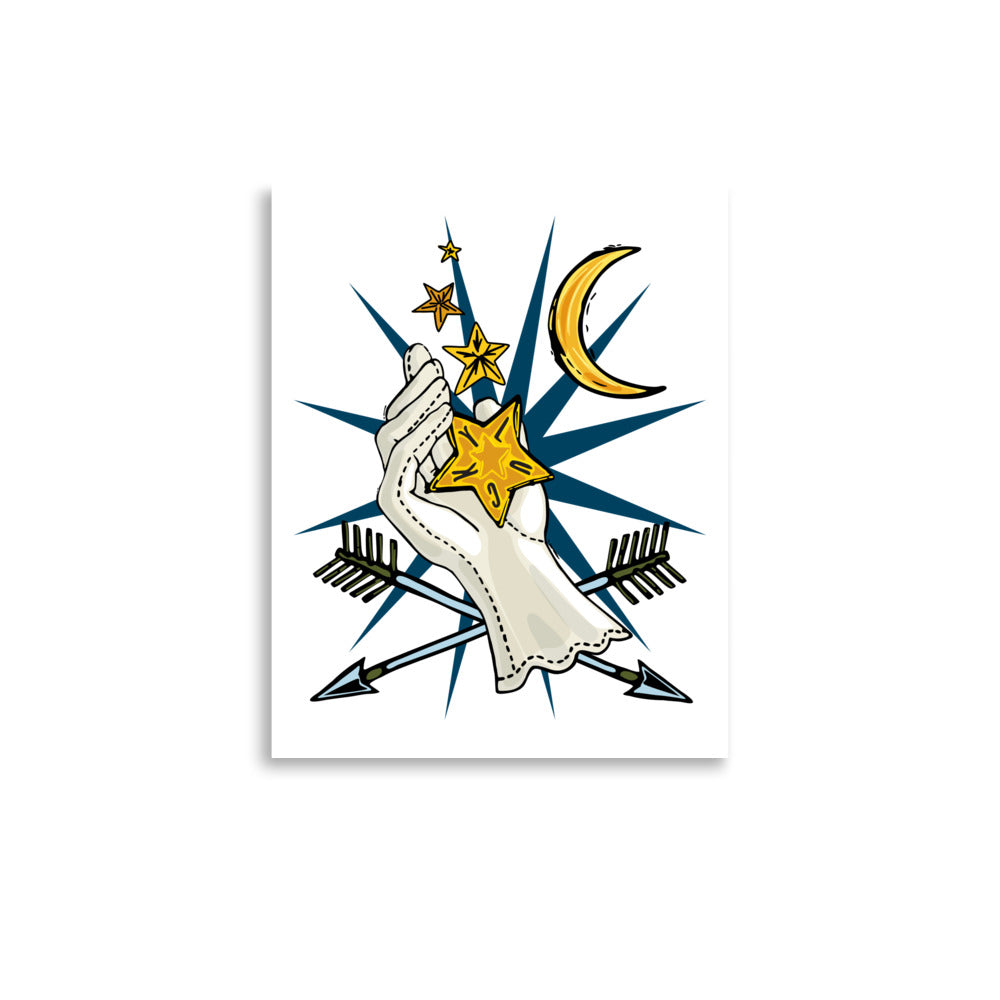The Star Giver – Wander Walls Art Print | Lucky Stars Ascending from a Gloved Hand with Crossed Arrows Wall Art | 8x10 size