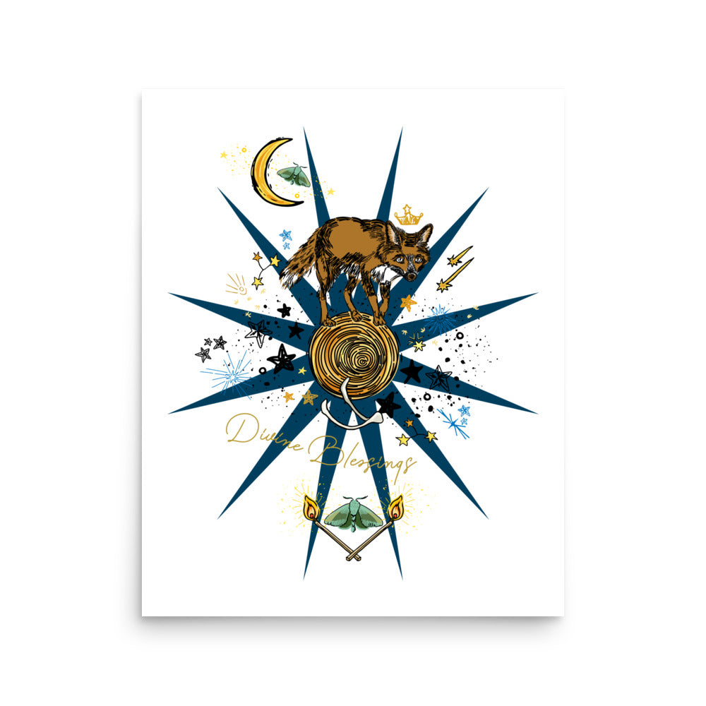 Divine Blessings Celestial Fox – Wander Walls Art Print Poster | Crescent Moon, Fox, Moths, Constellations & Burning Matches Wall Art | 16x20 size