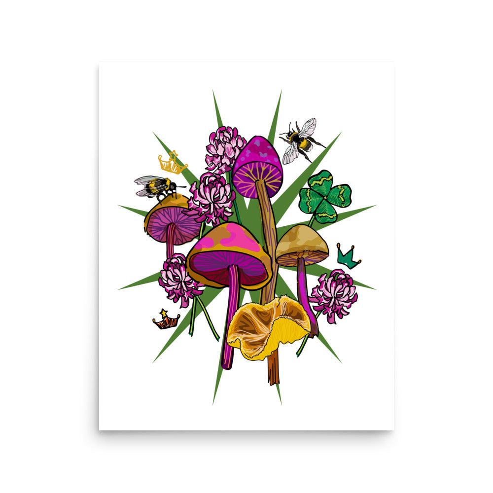 The Queen’s Favor – Wander Walls Art Print | Pink Flowers, Mushrooms & Four-leaf Clovers Sitting Among the Bumble Bees Wall Art | 16x20 size