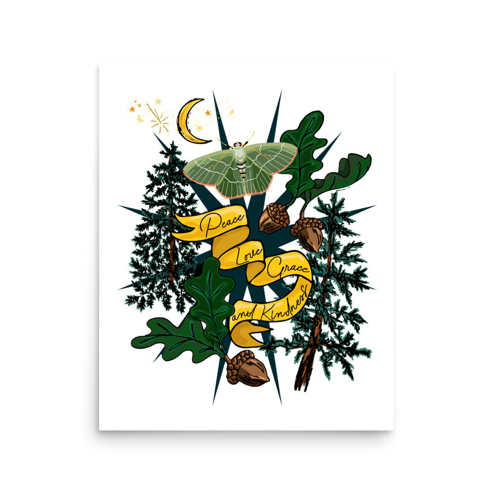 Moonlit Mountain Forest with Moth – Wander Walls Art Print | Crescent Moon, Dark Forest, Mooney Moth & Fortune-giving Acorns Wall Art | 16x20 size