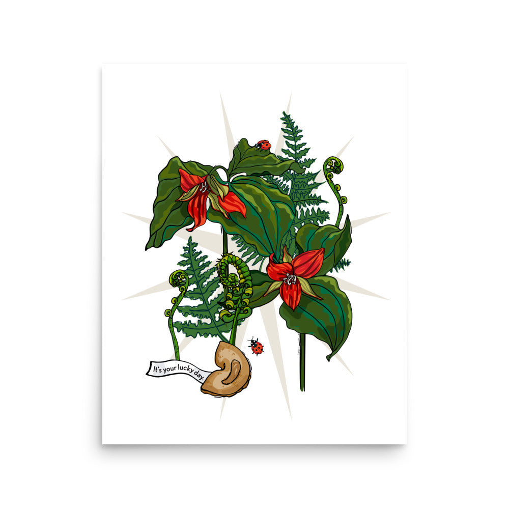 Flower of Fortune Art Print – Wander Walls Art Print | Trillium Flower, Ferns & Fortune Cookie Wall Art | 16x20 size