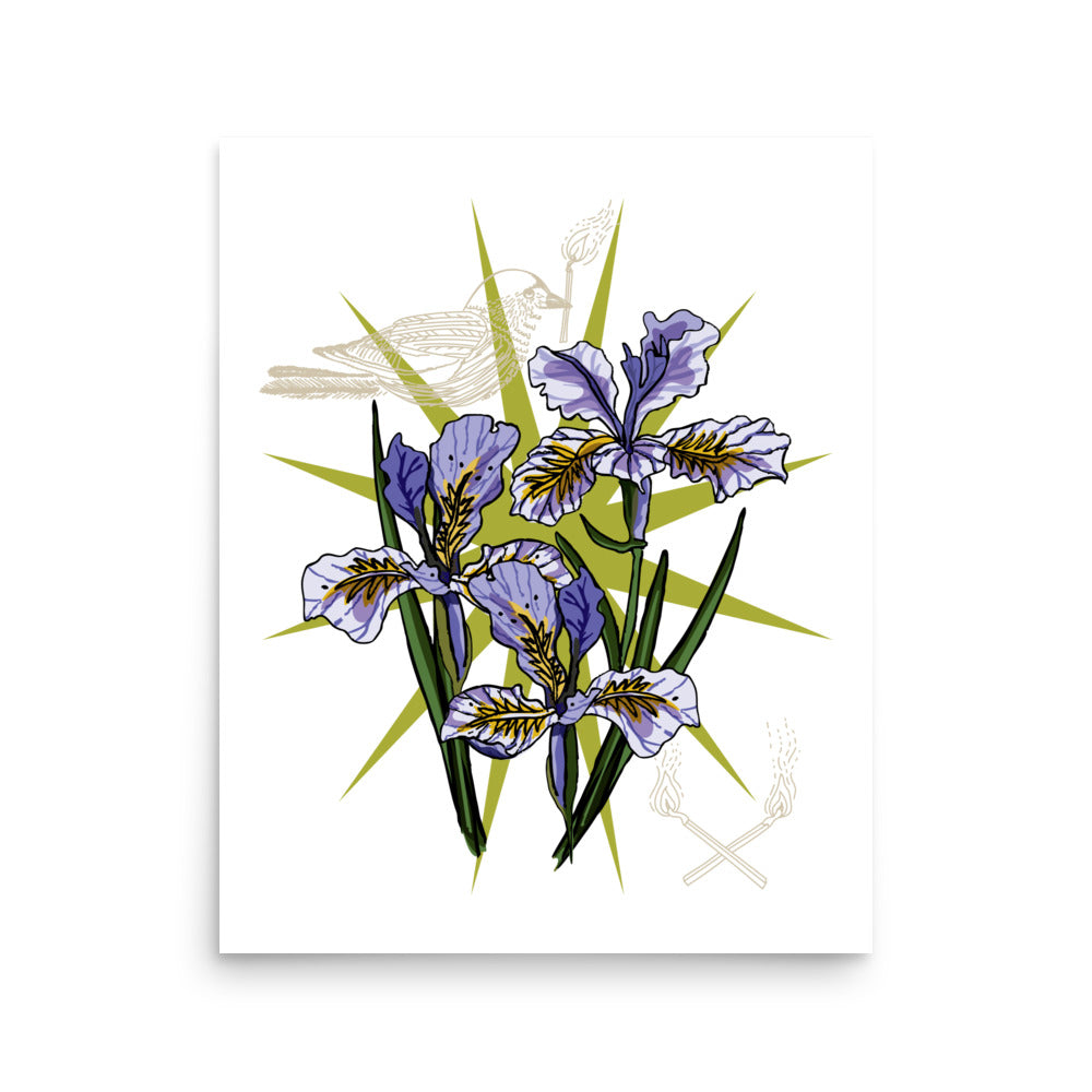 Florals, Flames, and Free Bird – Wander Walls Art Print | Wild Purple Irises, Burning Matches & Bird of Transformation Wall Art | 16x20 size