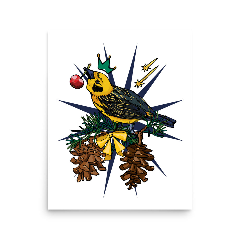 Crowned Golden Finch & Cherry – Wander Walls Art Print | Red Cherry, Shooting Stars, Pinecones Wall Art | 16x20 size