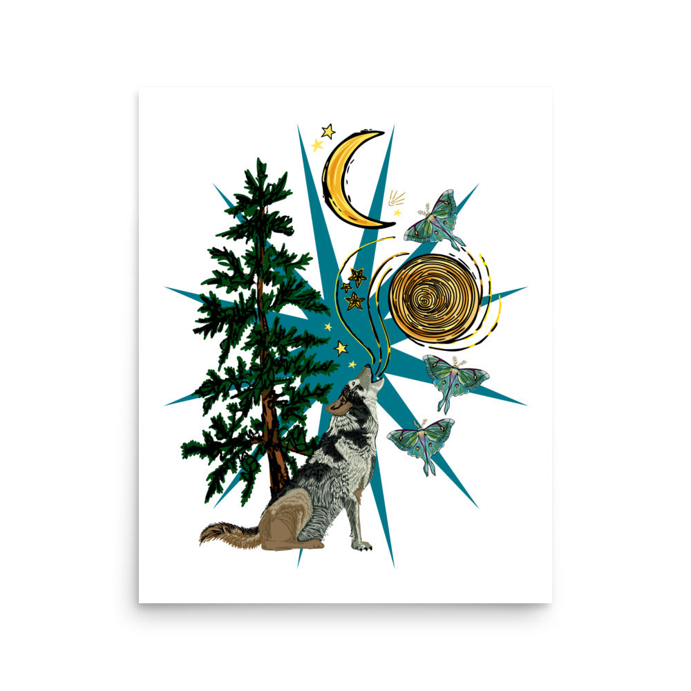 Wild Wolf Moon & Luna Moths – Wander Walls Art Print | Howling Wolf, Crescent Moon, Luna Moths in the Forest at Night Wall Art | 16x20 size