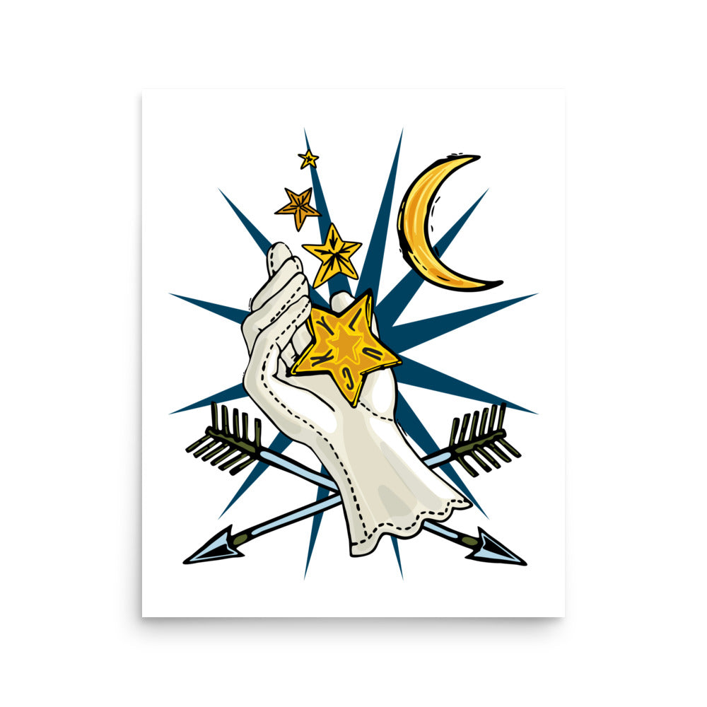The Star Giver – Wander Walls Art Print | Lucky Stars Ascending from a Gloved Hand with Crossed Arrows Wall Art | 16x20 size