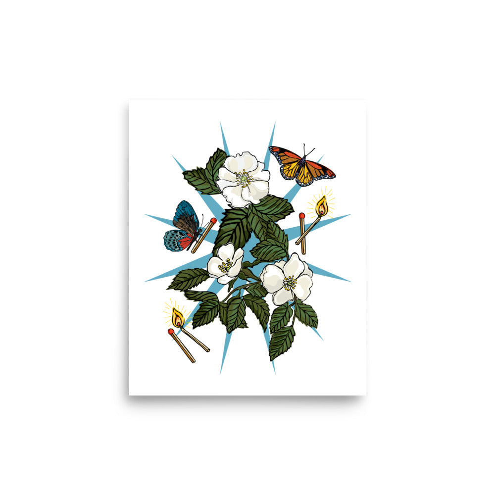 Floral Charm Art Print | Appalachian Rococo Poster | White Roses | Butterflies | Burning Matches | Apartment Wall Decor | Home Decor Poster | 8x10 Size