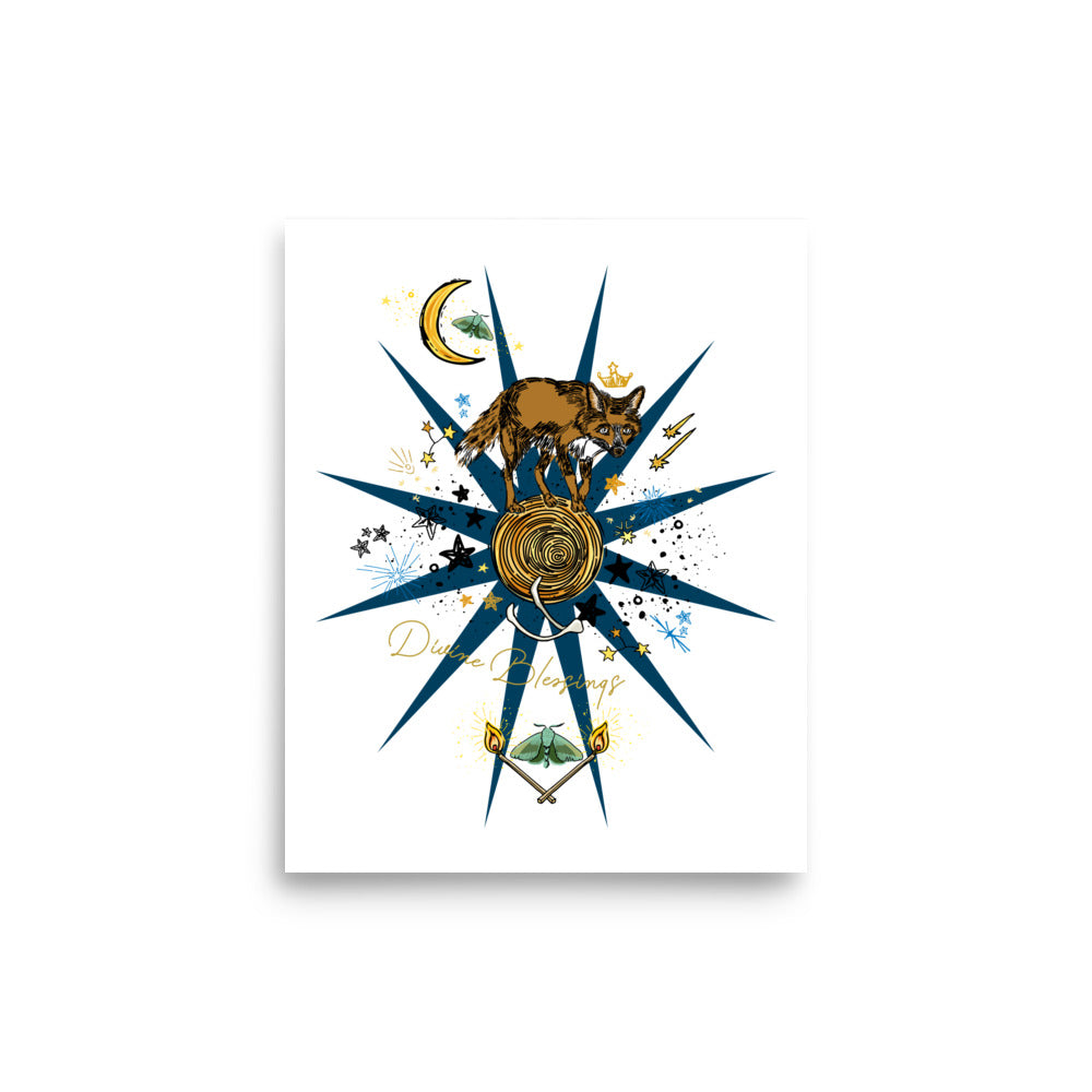Divine Blessings Celestial Fox – Wander Walls Art Print Poster | Crescent Moon, Fox, Moths, Constellations & Burning Matches Wall Art | 11x14 size
