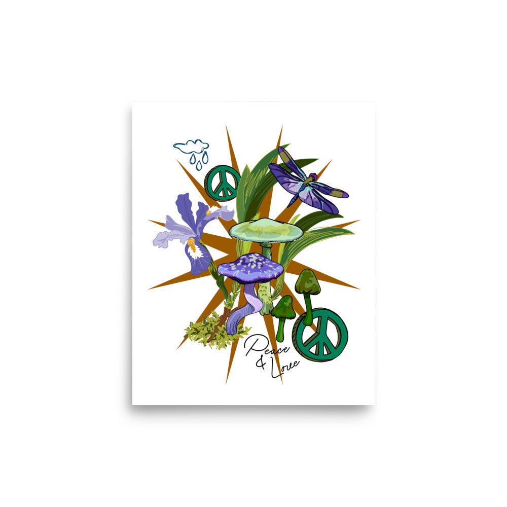 Peace & Love Wild Iris – Wander Walls Art Print | Wild Purple Irises, Mystical Mushrooms with Peace Signs Wall Art | 11x14 size