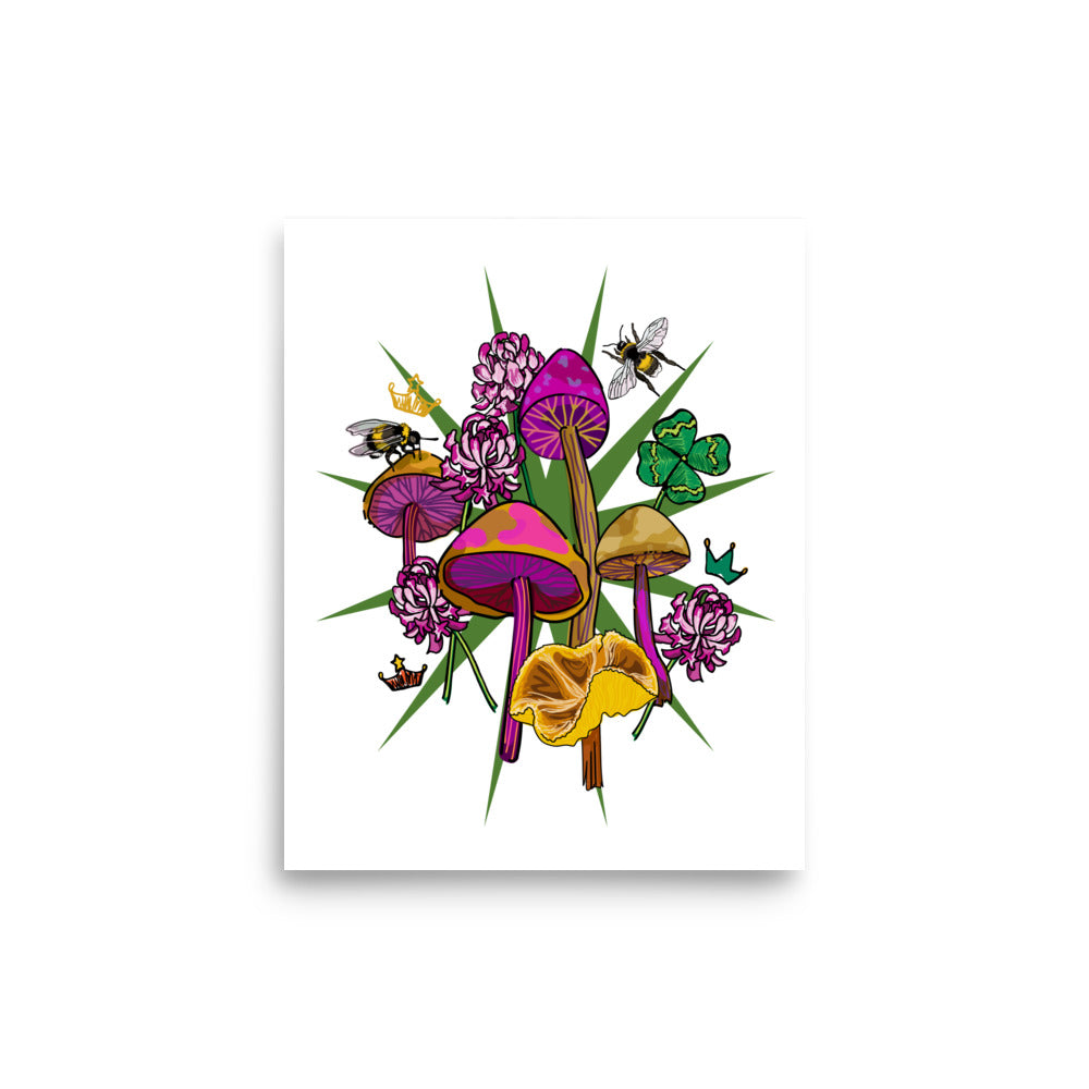 The Queen’s Favor – Wander Walls Art Print | Pink Flowers, Mushrooms & Four-leaf Clovers Sitting Among the Bumble Bees Wall Art | 11x14 size