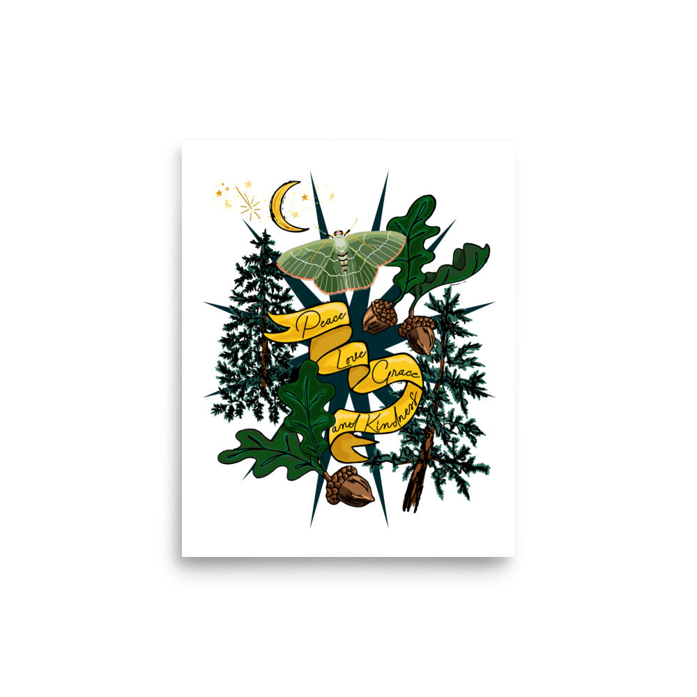 Moonlit Mountain Forest with Moth – Wander Walls Art Print | Crescent Moon, Dark Forest, Mooney Moth & Fortune-giving Acorns Wall Art | 11x14 size