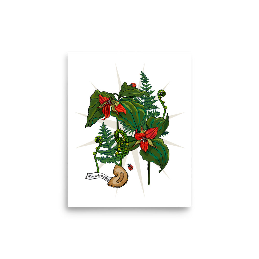 Flower of Fortune Art Print – Wander Walls Art Print | Trillium Flower, Ferns & Fortune Cookie Wall Art | 11x14 size