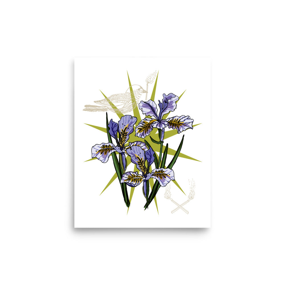 Florals, Flames, and Free Bird – Wander Walls Art Print | Wild Purple Irises, Burning Matches & Bird of Transformation Wall Art | 11x14 size