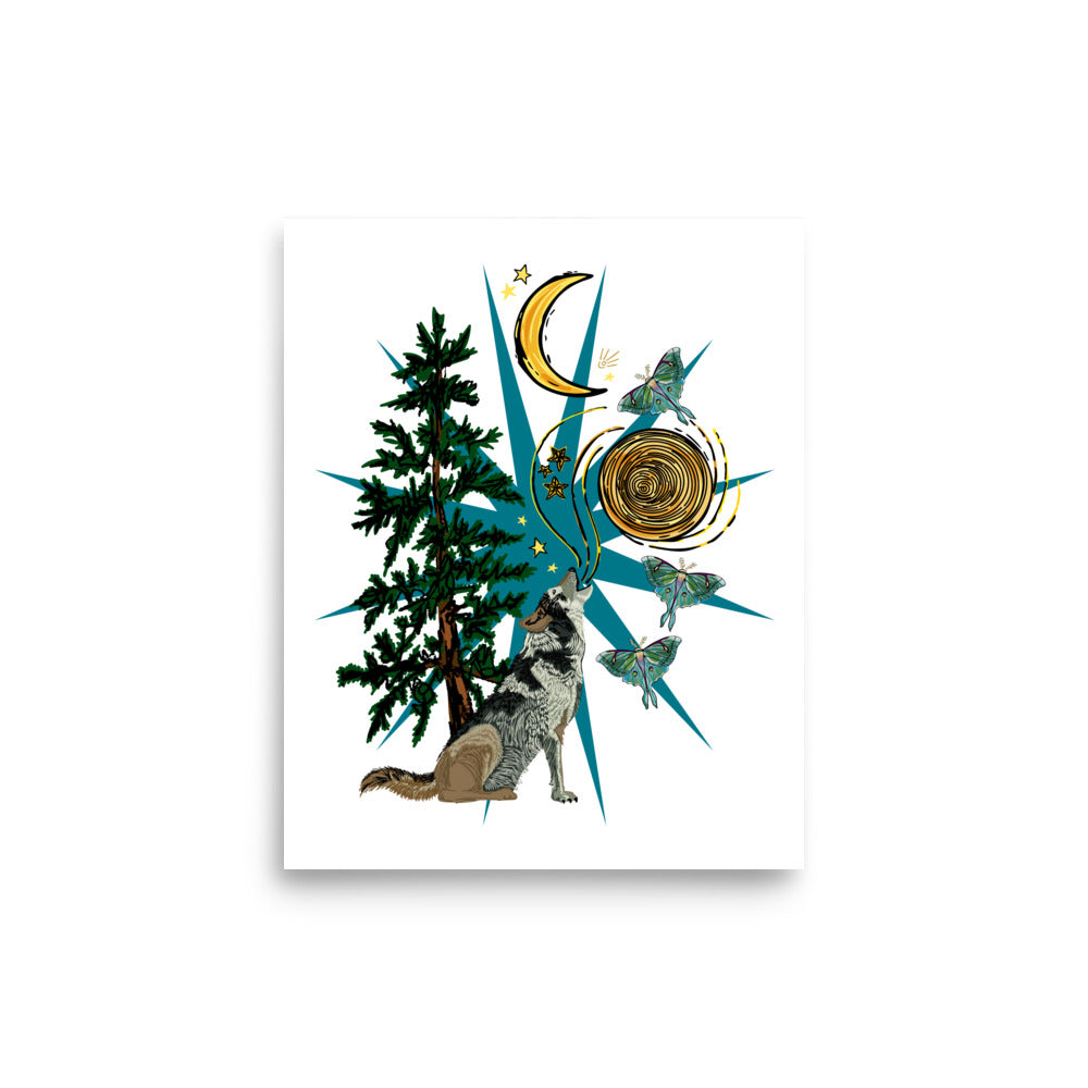 Wild Wolf Moon & Luna Moths – Wander Walls Art Print | Howling Wolf, Crescent Moon, Luna Moths in the Forest at Night Wall Art | 11x14 size