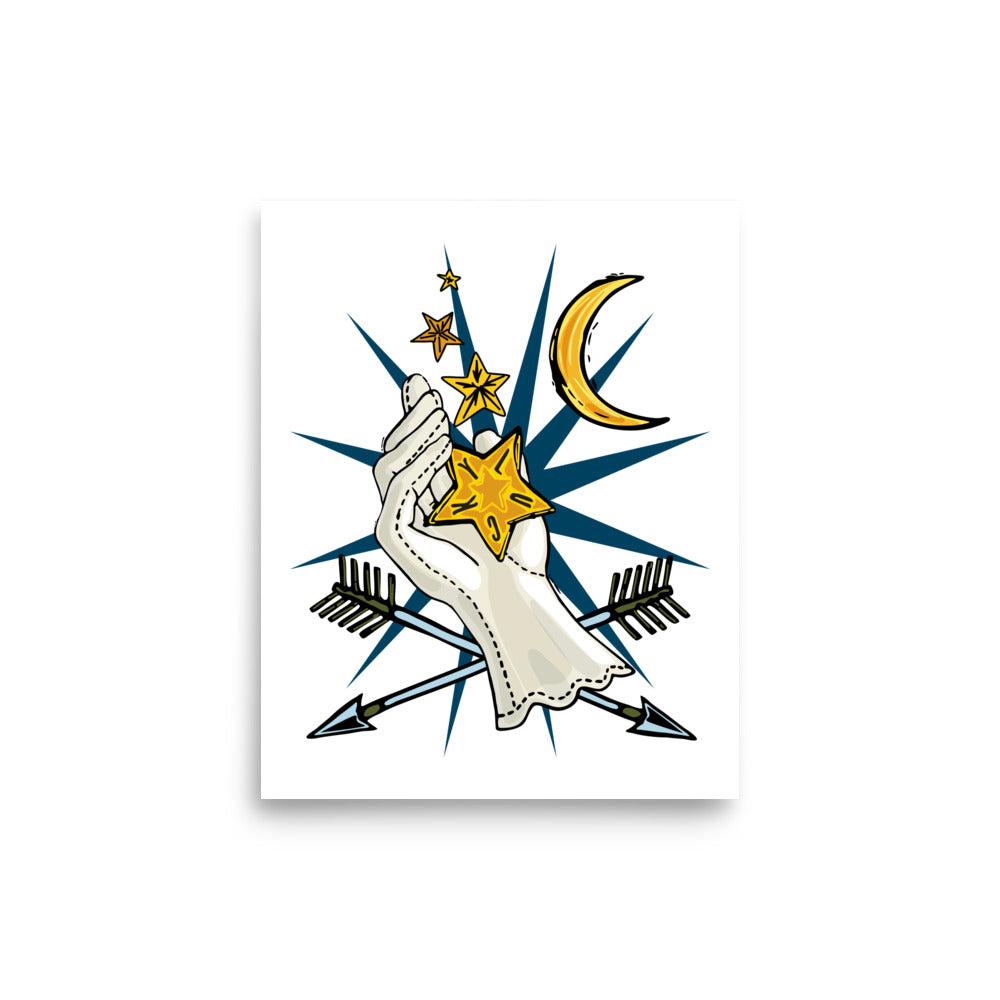 The Star Giver – Wander Walls Art Print | Lucky Stars Ascending from a Gloved Hand with Crossed Arrows Wall Art | 11x14 size