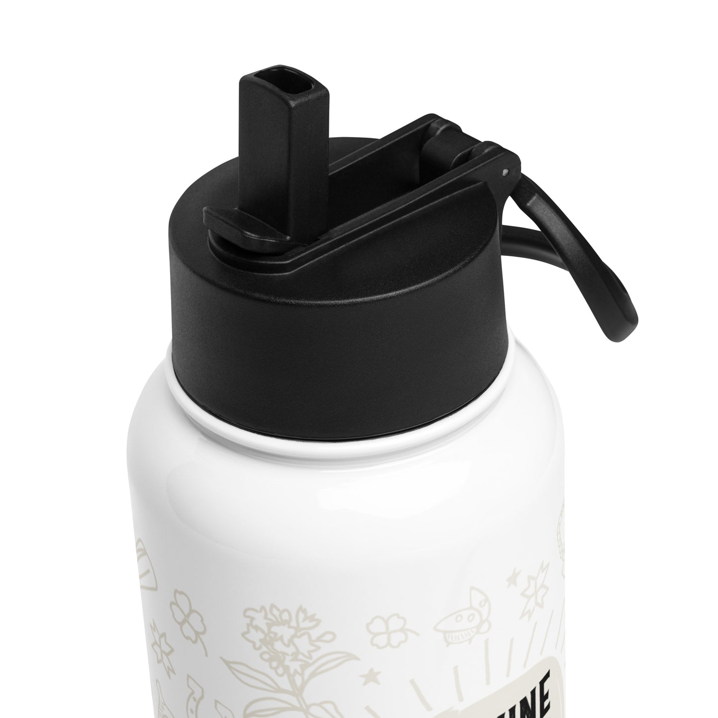 This is a close-up image of the black lid that shows the adjustable handle and the pop-up straw.