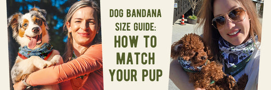 Two photos of women holding their dogs and wearing bandanas that match the ones the dogs are wearing.