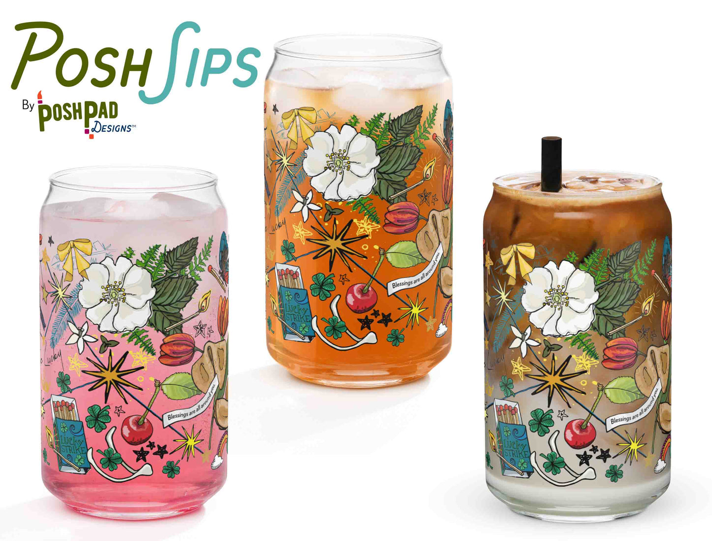 This image shows three glasses, each one with a different drink to show how the glass looks with differently colored liquid in it. There's a glass of pink drink, iced tea, and another with an iced latte.