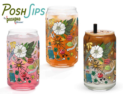 This image shows three glasses, each one with a different drink to show how the glass looks with differently colored liquid in it. There's a glass of pink drink, iced tea, and another with an iced latte.