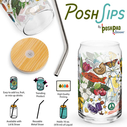 This infographic shows an angle of the glass with the lid and straw sitting beside it and a photo of the glass by itself. Product perks include a wide top that makes it easy to add ice and fruit, high-quality printing, an available option with a reusable metal straw and eco-friendly bamboo lid, and it holds 16 ounces of liquid.